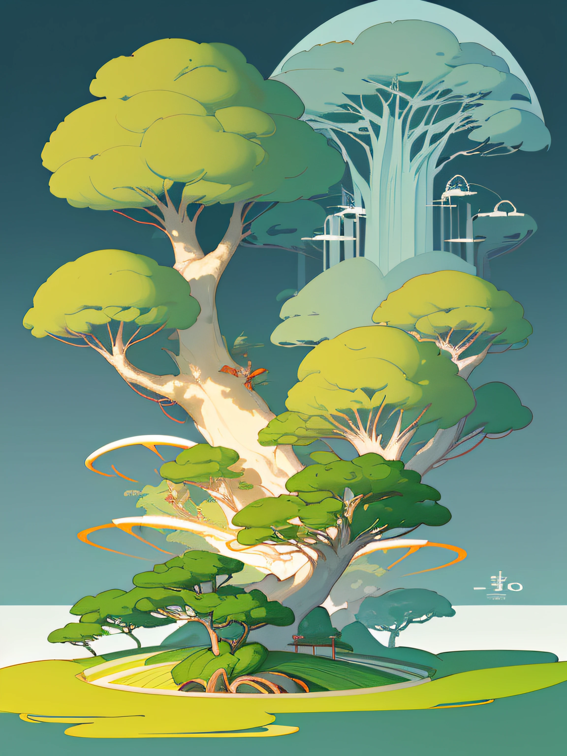 (Chinese landscape), (Zen, Amy Sol style), (summer, big green trees, cicadas, sunshine), cover art with light abstraction, abstract, simple vector art, contemporary Chinese art, color gradients, soft color palettes, layered forms, whimsical animation, style Ethereal abstract, 4K, --v6