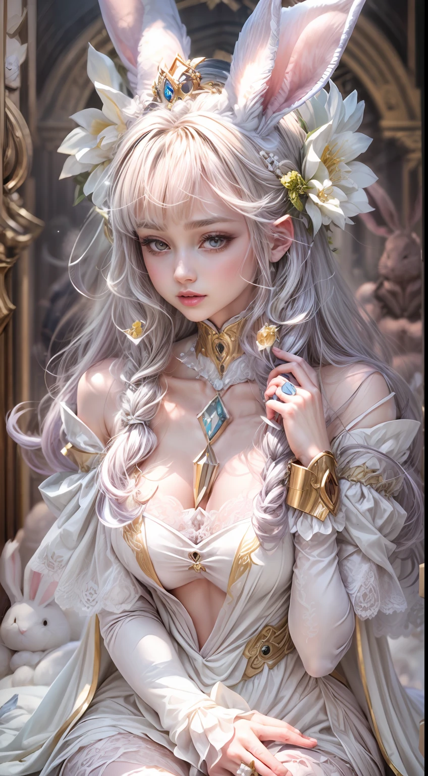 Best Quality, studio lightning, (((Princess of Rabbits, The woman))), (dressed in white robes, Velvet, Mecha, lace, brocade, pearls), Expensive jewelry, lace,