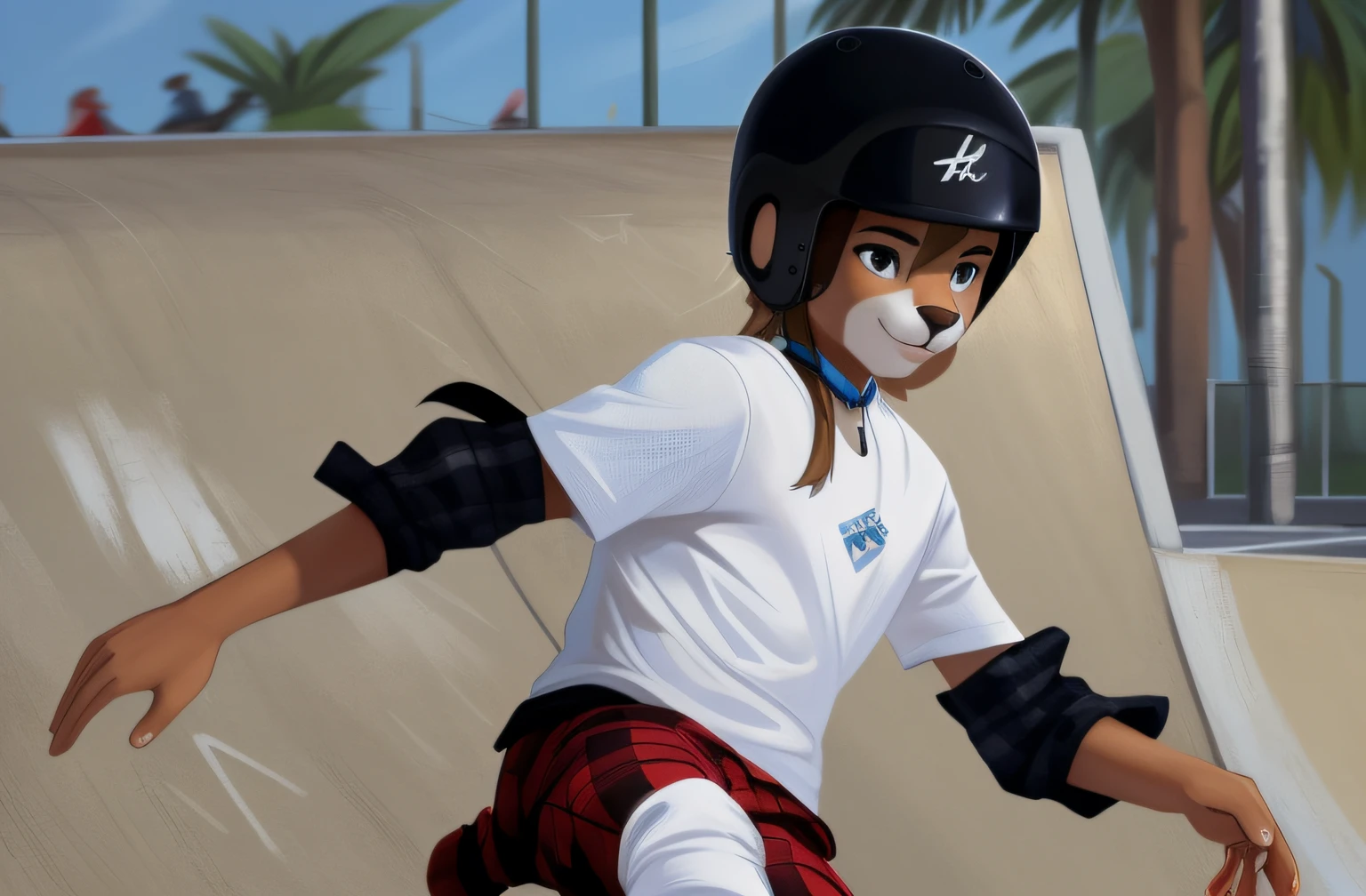 Arafed boy in helmet and plaid pants riding a skateboard on a ramp, usando capacete de skate, wearing skating helmet, Patins, estilo skatista, Action sports, Skatistas, Patins;, em uma pista de skate, andar de skate, Patimpark, usar joelheiras e cotoveleiras, Patim, pista de skate, cabrito, Skatistas, garotada, Cotoveleiras