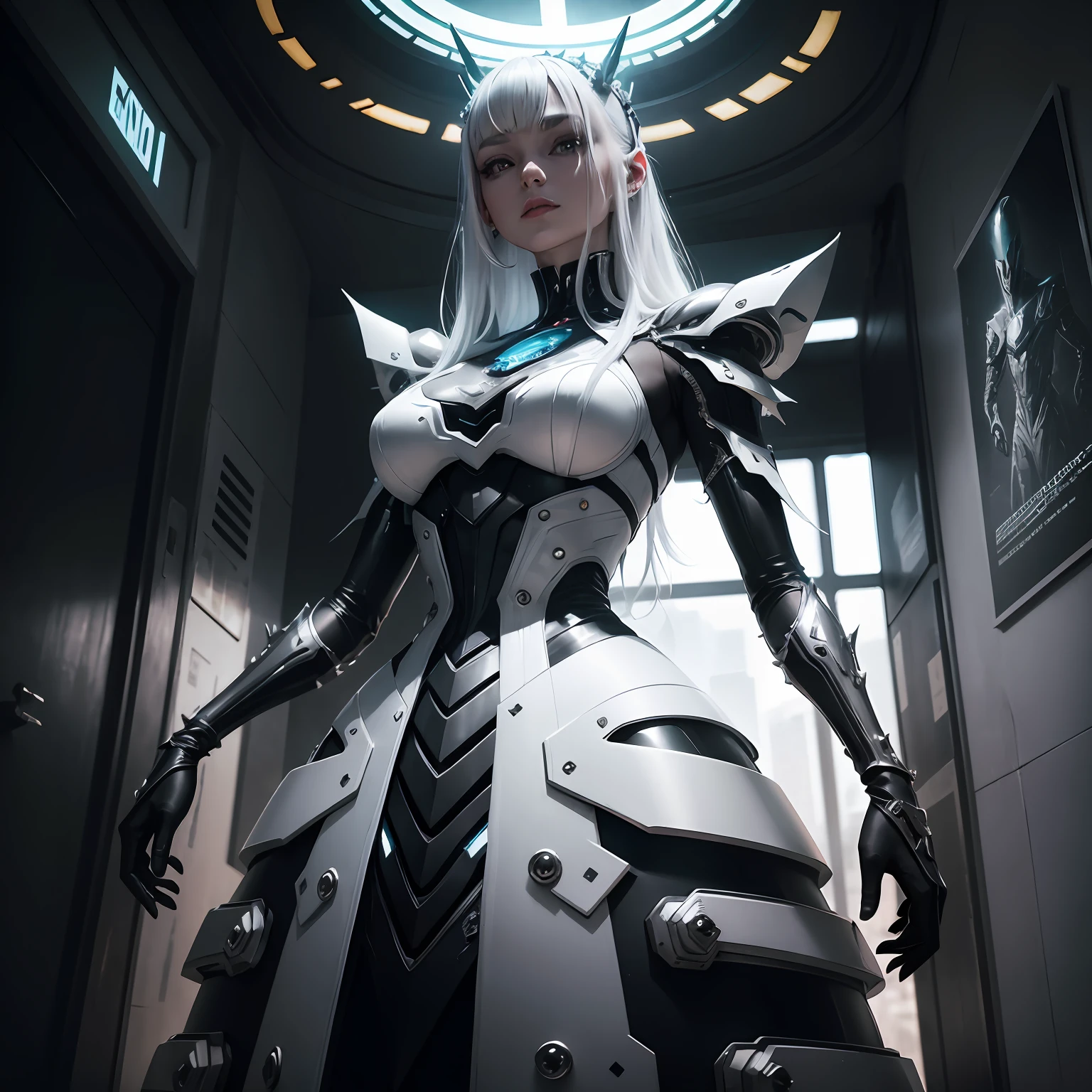 Alien creature dress made of metal and glass, in the style of cyberpunk manga, High-contrast shots, 8K resolution, Neo - Renaissance, contrasting light and dark tones, The sinister realism of the valley, Dark White – AR 9:16 —s 1000 —v 5.2 —IN 2