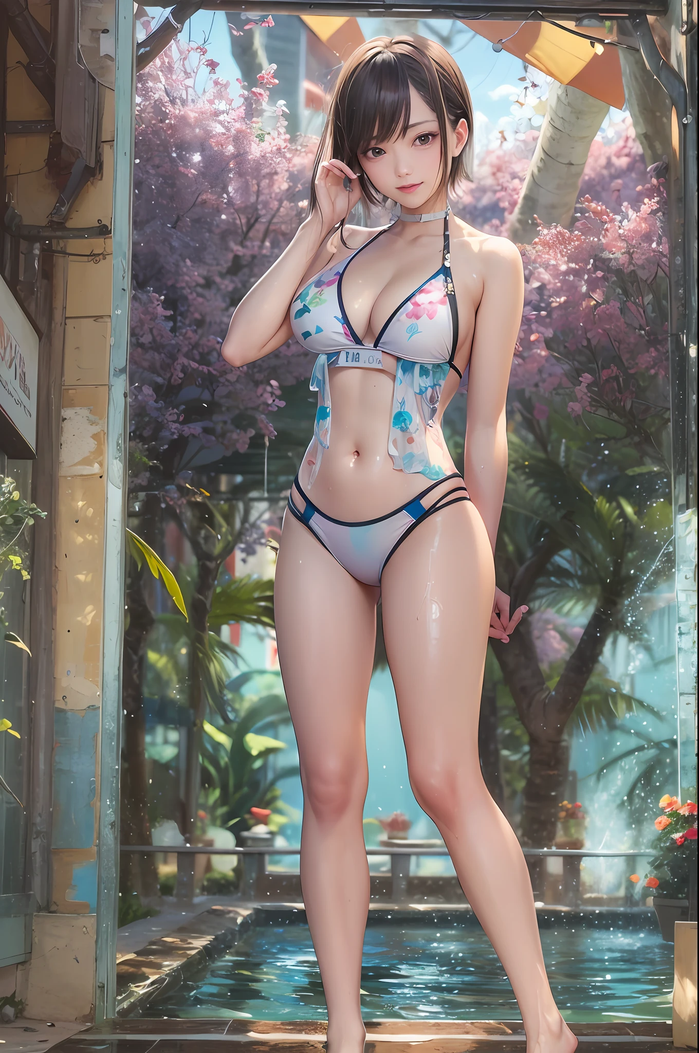 Beautiful, illumination, (Masterpiece), Best Quality, 1girl, 独奏, sam yang, swimmer, bikinis, Stylish bikini, little chest, cleavage, Tanning line, portrait shot, looking a viewer, Detailed Face, laconically, Detailed depraved eyes, Excited, Detailed short hair, , Outdoor swimming pool, wet skin, wet hair, High-quality water, HD, 4k, Ultra Customization