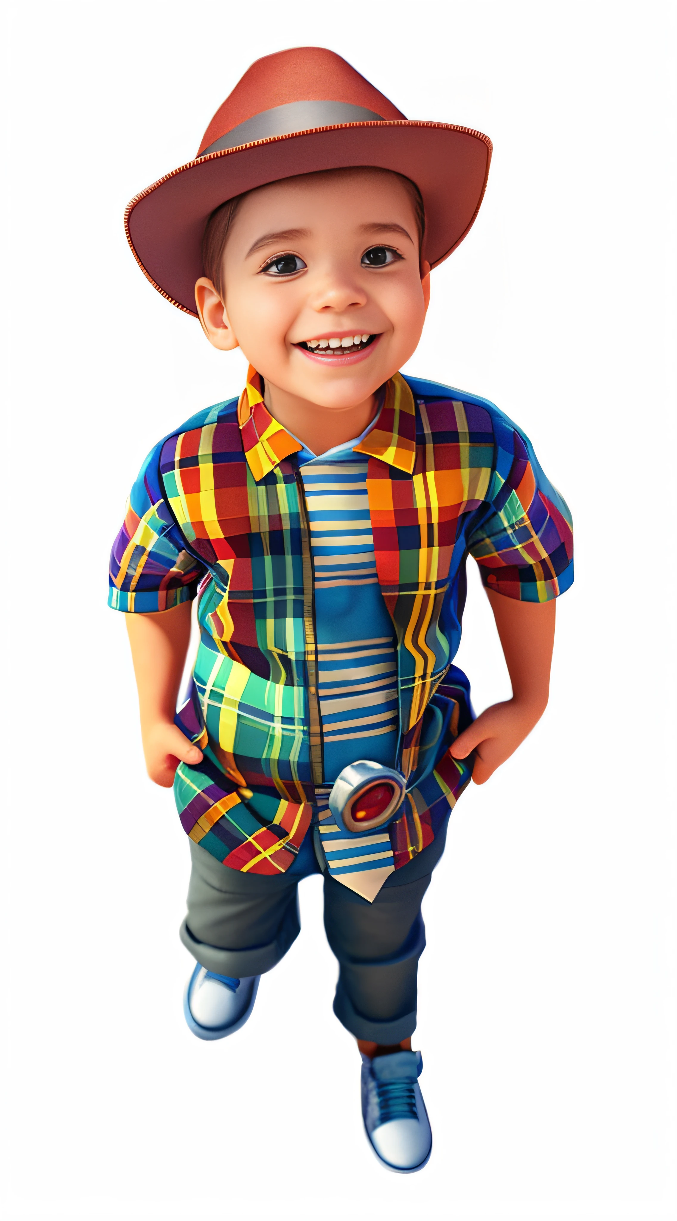 A closeup of a  wearing a hat and a plaid shirt, personagem de desenho animado, Personagem 3D, Personagem 3D, pintura digital dos desenhos animados, bryce 3 d estilo, Personagem altamente detalhado, para alugar artista 3d, 3 d character render, animation character, Arte de personagem 3D, Como um personagem da Pixar, Personagem 3d realista, Artista 3D, Retrato de corpo inteiro do personagem