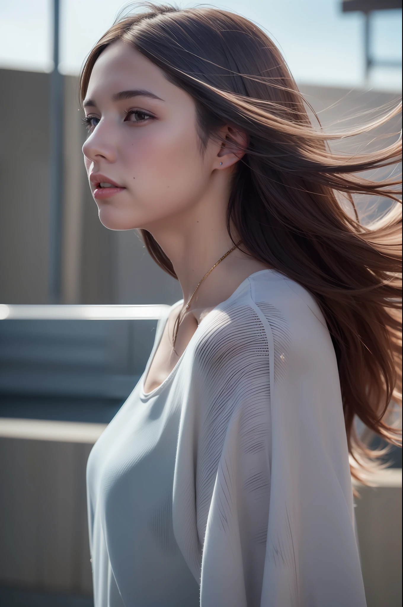 a woman, hair blowing in the wind, masterpiece, best quality, ultra-detailed, (photorealistic), an extremely delicate and beautiful, depth of field, film grain, professional lighting