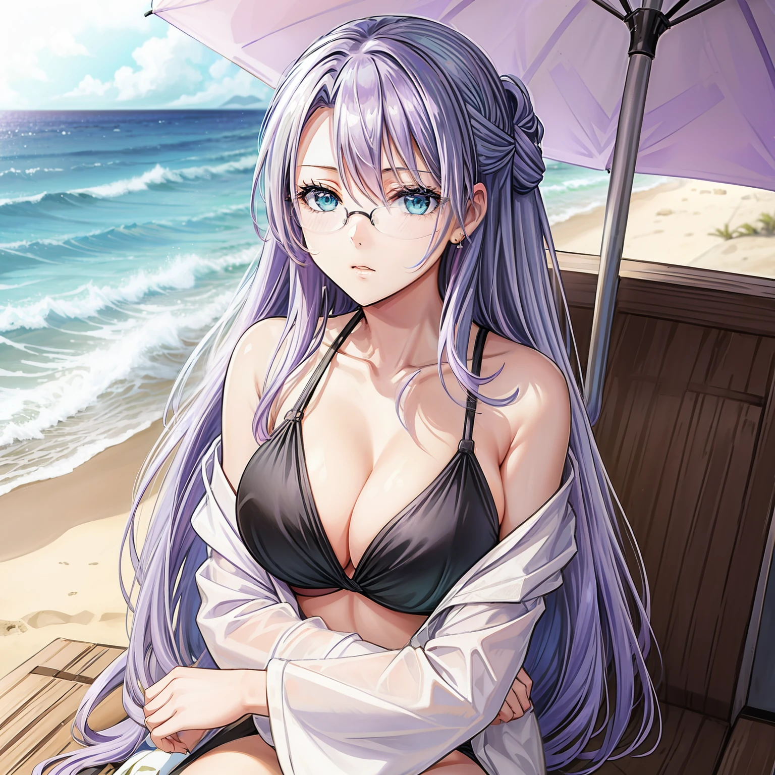 1 girl, lavender hair, long hair, lavender mature half updo, bangs hanging on the left side shoulder length hair strands hanging on either side tucked behind ears, light blue green eyes, Women's rimless glasses, large breast, Women's black bikini, outdoor, sitting under beach umbrella, beach background, perfect finger shape, the number of fingers is not excessive
