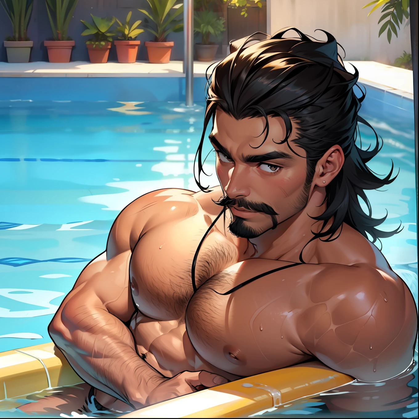 homem latino, pele marrom , cabelo muito curto, bigode, fisiculturista, peito grande, corpo peludo,  com uma Boia de patinho amarelo em uma piscina.