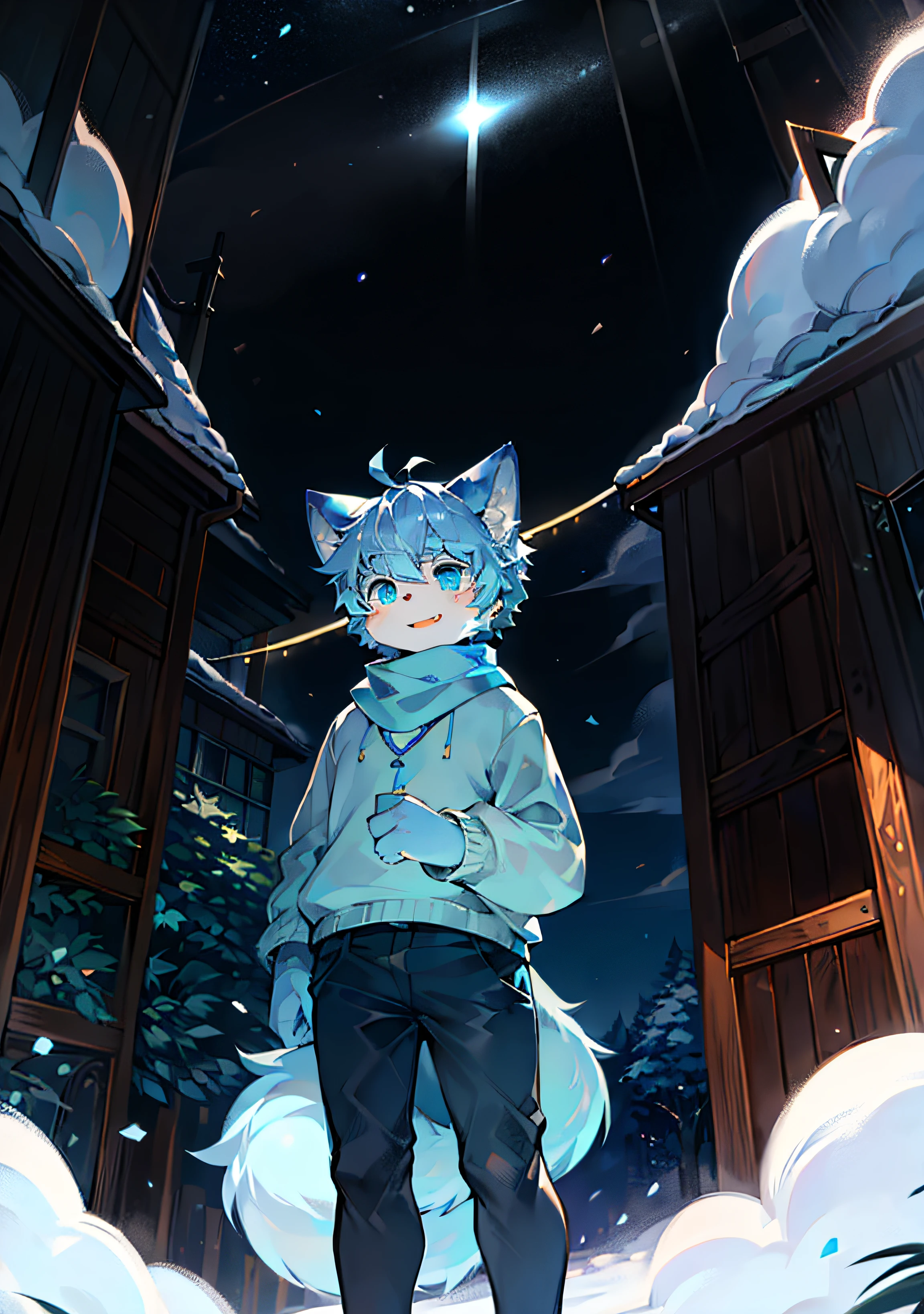 spheres, the trees, exteriors, short detailed hair, skyblue hair,ahoge, lowerbody, Gamine, shaggy male, Light blue cat ears, with her mouth open, clouds, daysies, Skysky, suns, in summer, No spots, Cubs, Light blue hair everywhere, Light blue fur everywhere, Light blue cat ears, Cat type, Big fluffy tail, tmasterpiece, High-quality portraits, human - shaped, Cubs, sbeard, Solitary child boy, ventania, full-shot, Sky blue sweatshirt, Black shorts, Light blue scarf, White color blouse, Super cute face, glowing light eyes, blue color eyes,Black triangular nose,Light blue tail , large tail, The face is covered with light blue fur, Light blue scarf, A fluffy tail, Large light blue tail,male people, Full Body Furry, In the daytime, Light blue face, quadratic element, ultra cute,Happy face,The tail is like a wolf, ultraclear, adolable, hyper cute face