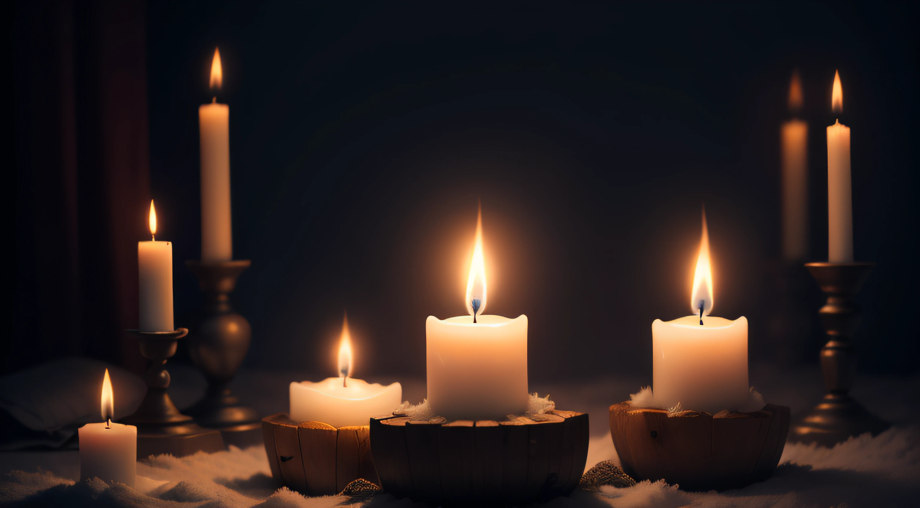 Candles are lit in a row on a table with snow - SeaArt AI