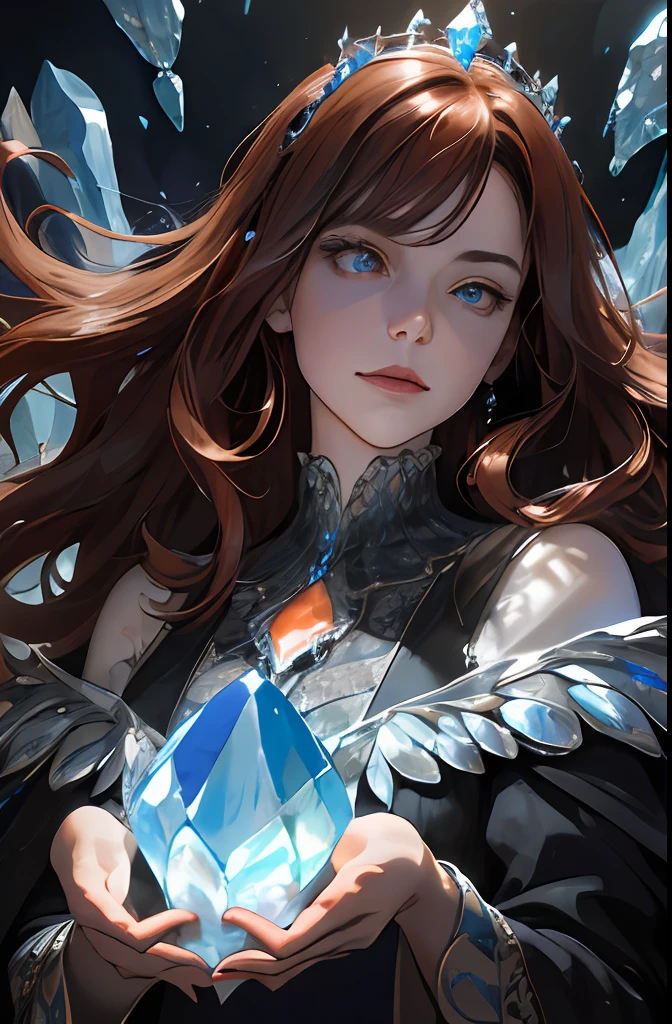 (absurdres, highres, ultra detailed), 1woman, mature female, aged up, wavy long hair, auburn hair, coral eyes, bangs, long sleeves, finely detailed eyes and detailed face, extremely detailed CG unity 8k wallpaper, intricate details, (style-swirlmagic:1.0),  looking at viewer, solo, upper body, detailed background, close up,  detailed face, (gothic dark ages theme:1.1), crystal sorcerer,  dynamic pose, earth themed clothes, crystal crown,  floating in the air, glowing magical shards, surrounded by blue magical crystals,  rock formations, stalactites,  magical floating particles, crystal glass,  crystal sphere, crystal canyon background, (shallow water:0.7),  epic ethereal atmosphere,   updraft,, portrait