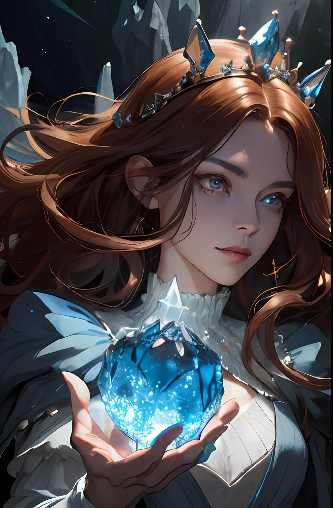 (absurdres, highres, ultra detailed), 1woman, mature female, aged up, wavy long hair, auburn hair, coral eyes, bangs, long sleeves, finely detailed eyes and detailed face, extremely detailed CG unity 8k wallpaper, intricate details, (style-swirlmagic:1.0), looking at viewer, solo, upper body, detailed background, close up, detailed face, (gothic dark ages theme:1.1), crystal sorcerer, dynamic pose, earth themed clothes, crystal crown, floating in the air, glowing magical shards, surrounded by blue magical crystals, rock formations, stalactites, magical floating particles, crystal glass, crystal sphere, crystal canyon background, (shallow water:0.7), epic ethereal atmosphere, updraft,, portrait