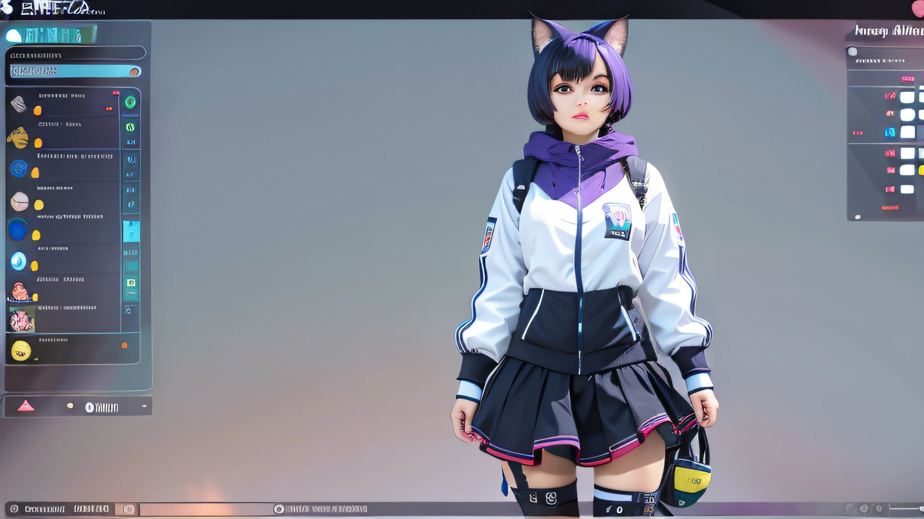 um close up de uma pessoa com um vestido e uma orelha de gato, modelo live2d youtuber virtual, anime estilo 3d, menina gato atraente, anime vtuber modelo de corpo inteiro, menina anime com orelhas de gato, 3d menina anime, Imagem do jogo, menina do gato, female furry mini cute style, gato anime, Captura de tela de jogabilidade de moda, menina com orelhas de gato, pessoa com pelo roxo, Motor irreal : : maquiagem, Retrato de Jinx de Arcane, menina atraente,  gatinha, gatinha jovem bonita,  com o rosto muito detalhado,