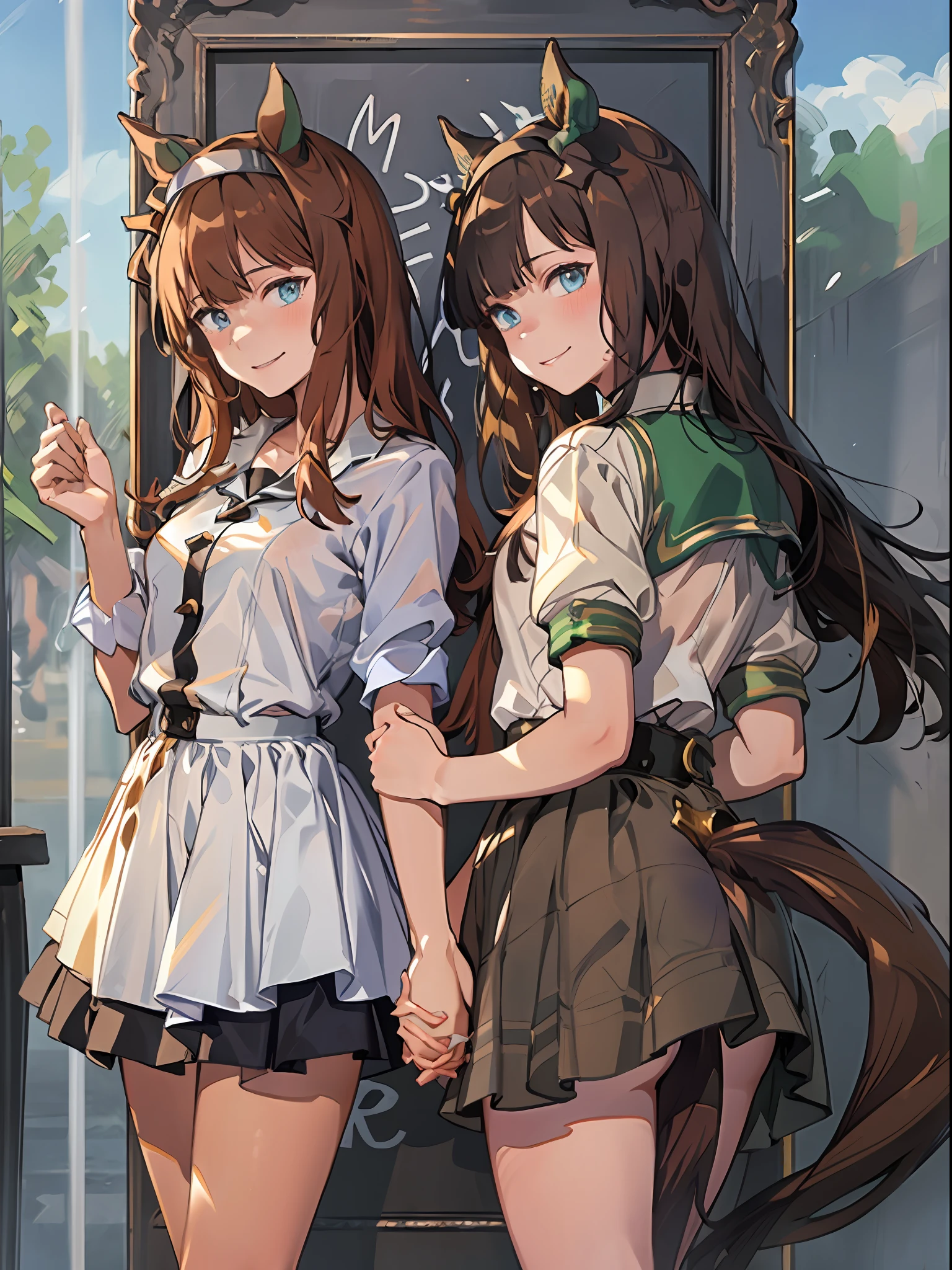 topquality, Horse Girl, Quiet Suzuka, ((Uma Musume))), Perfect skin, realisic skin, Detail Skin, 8K, (((2 girls))) (tail on the lower back), Two girls standing side by side, holding hands , ssmile, laughter, rest your hand, (There are two girls in the frame), Perfect body study, High-quality legs