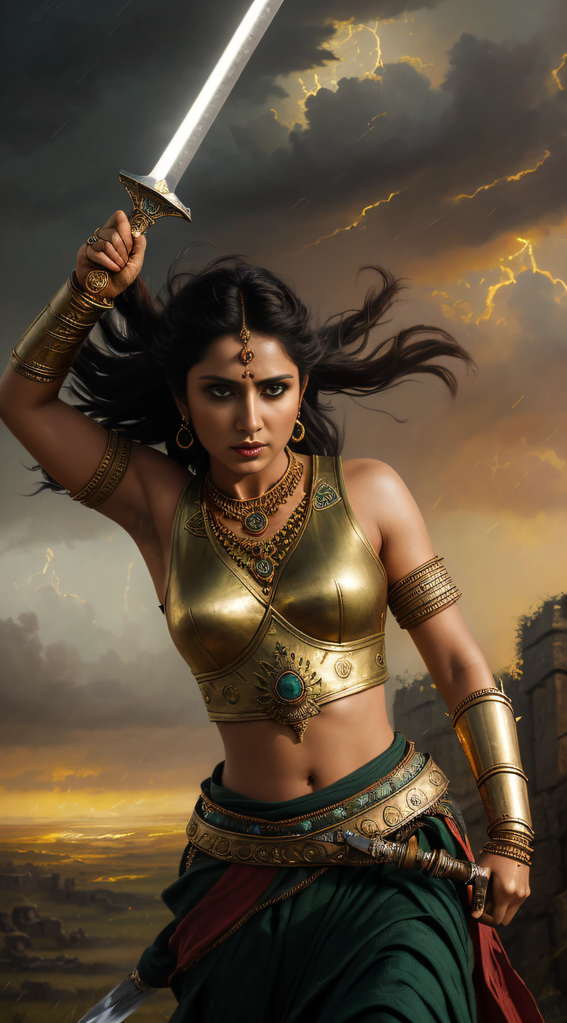 (masterpiece, 8K, oil painting, Greg Rutkowski style:1.2), Rani Durgavati, (fierce eyes:1.3), traditional battle regalia, detailed gold jewelry, hands on the hilt of a sword, Gondwana landscape, ancient fortifications, stormy sky, dynamic brush strokes, cool tones, solemn, looking at viewer, mid-swing.