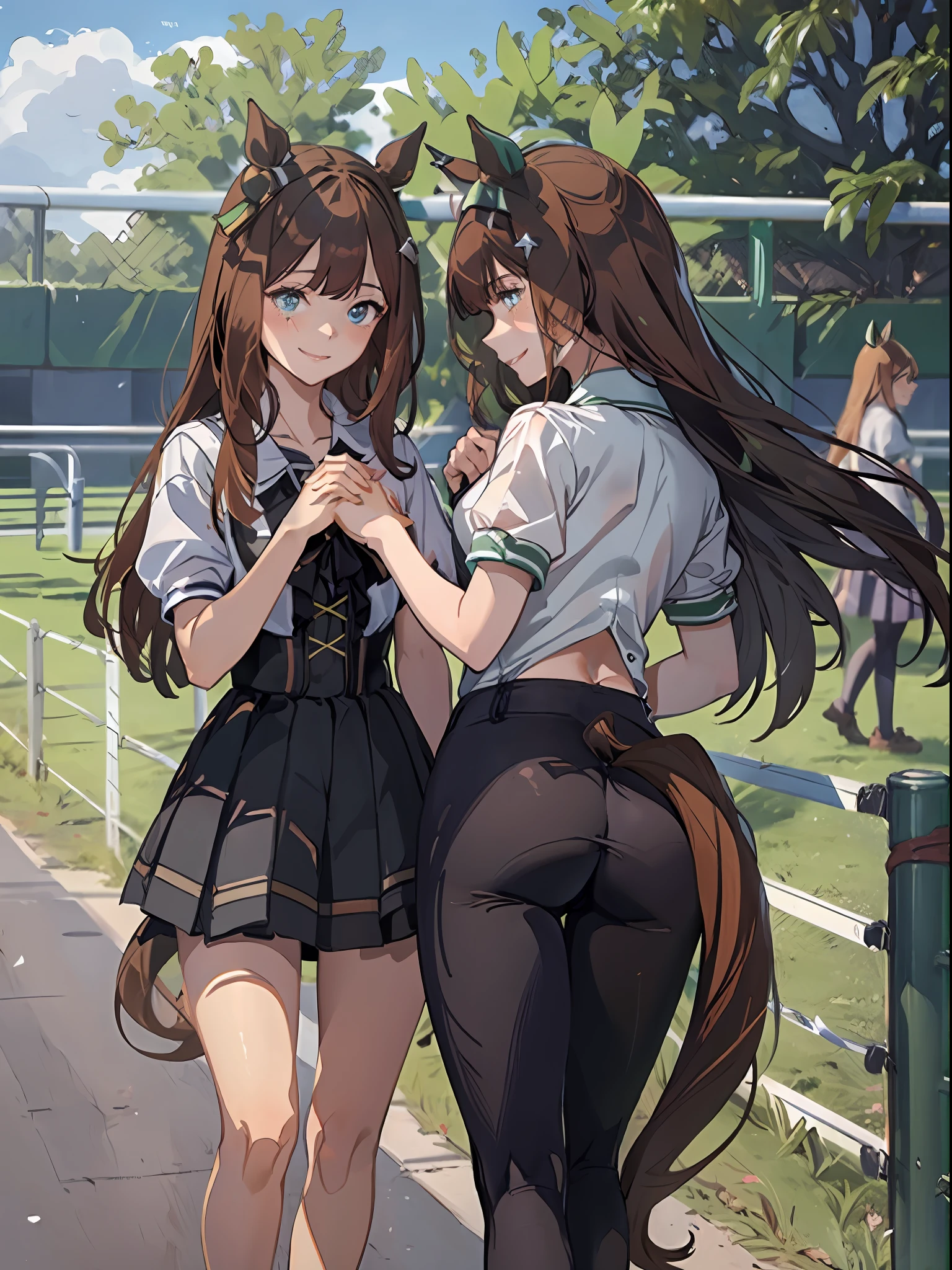 topquality, Horse Girl, Quiet Suzuka, ((Uma Musume))), Perfect skin, realisic skin, Detail Skin, 8K, (((2 girls))) (tail on the lower back), Two girls standing side by side, holding hands , ssmile, laughter, rest your hand, (There are two girls in the frame), Perfect body study, High-quality legs