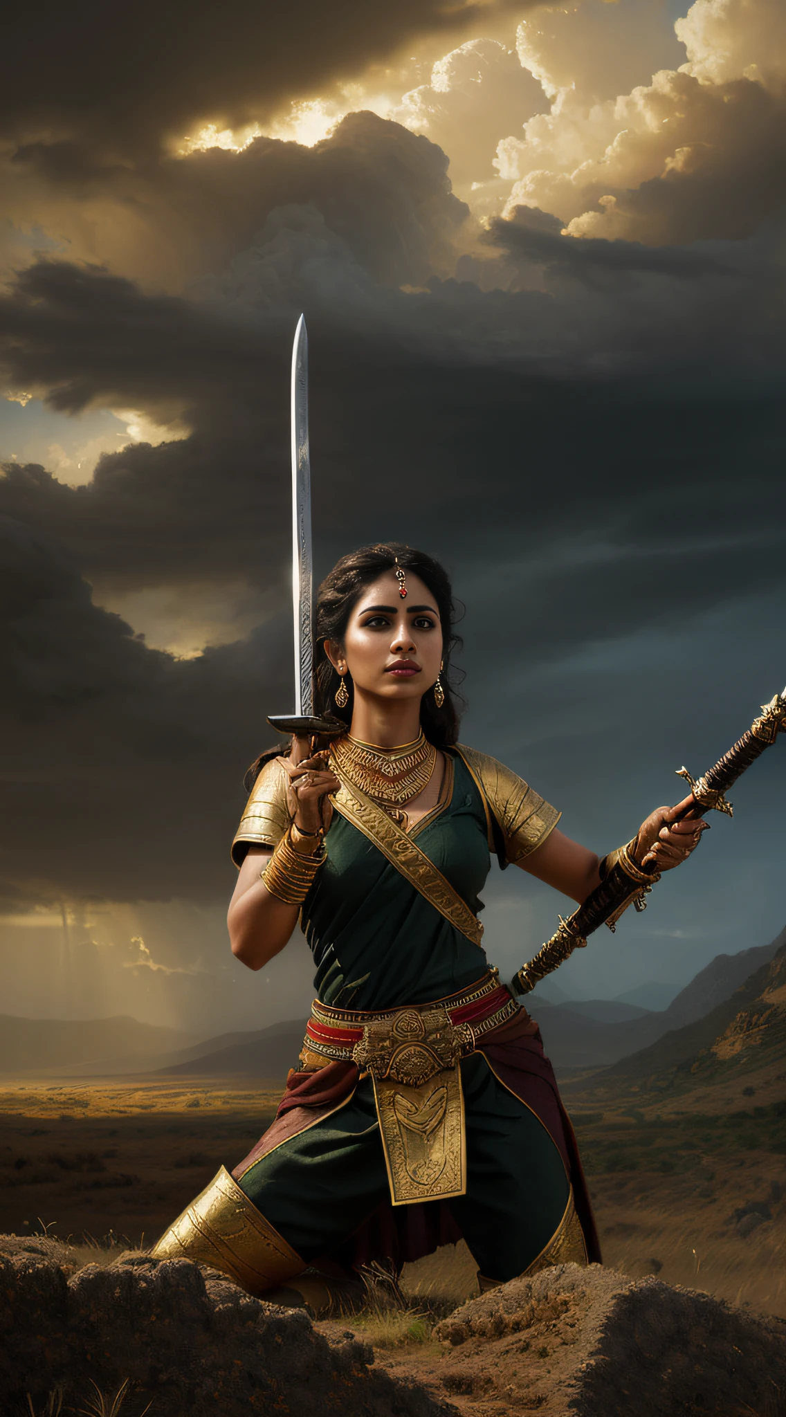 (masterpiece, 8K, oil painting, Greg Rutkowski style:1.2), Rani Durgavati, (fierce eyes:1.3), traditional battle regalia, detailed gold jewelry, hands on the hilt of a sword, Gondwana landscape, ancient fortifications, stormy sky, dynamic brush strokes, cool tones, solemn, looking at viewer, mid-swing.