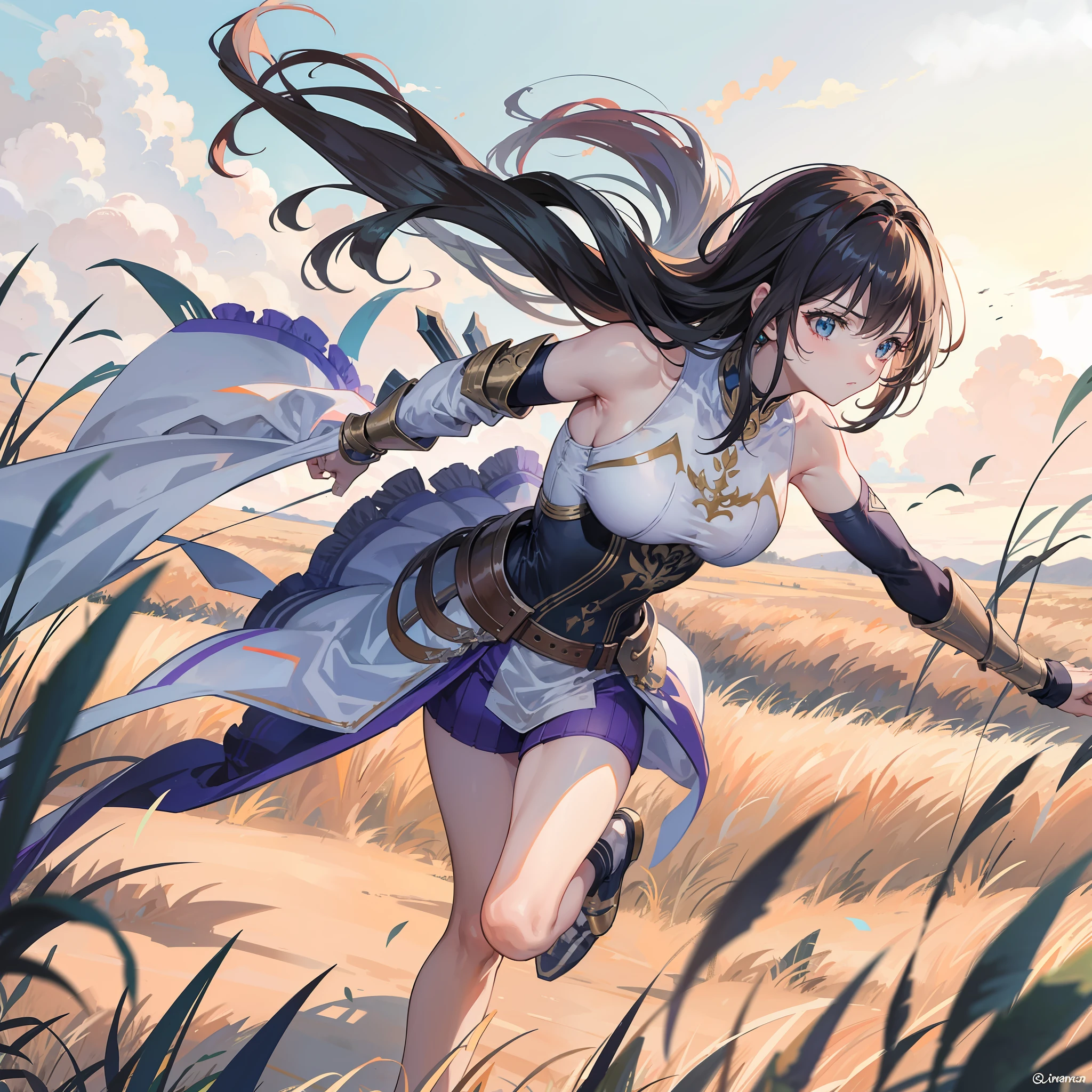 Una guerrera corriendo con los brazos extendidos y una espada en cada mano. Run quickly through a field of grain.. Tiene el pelo largo y suelto, Lleva armadura de cuero grueso y madera.