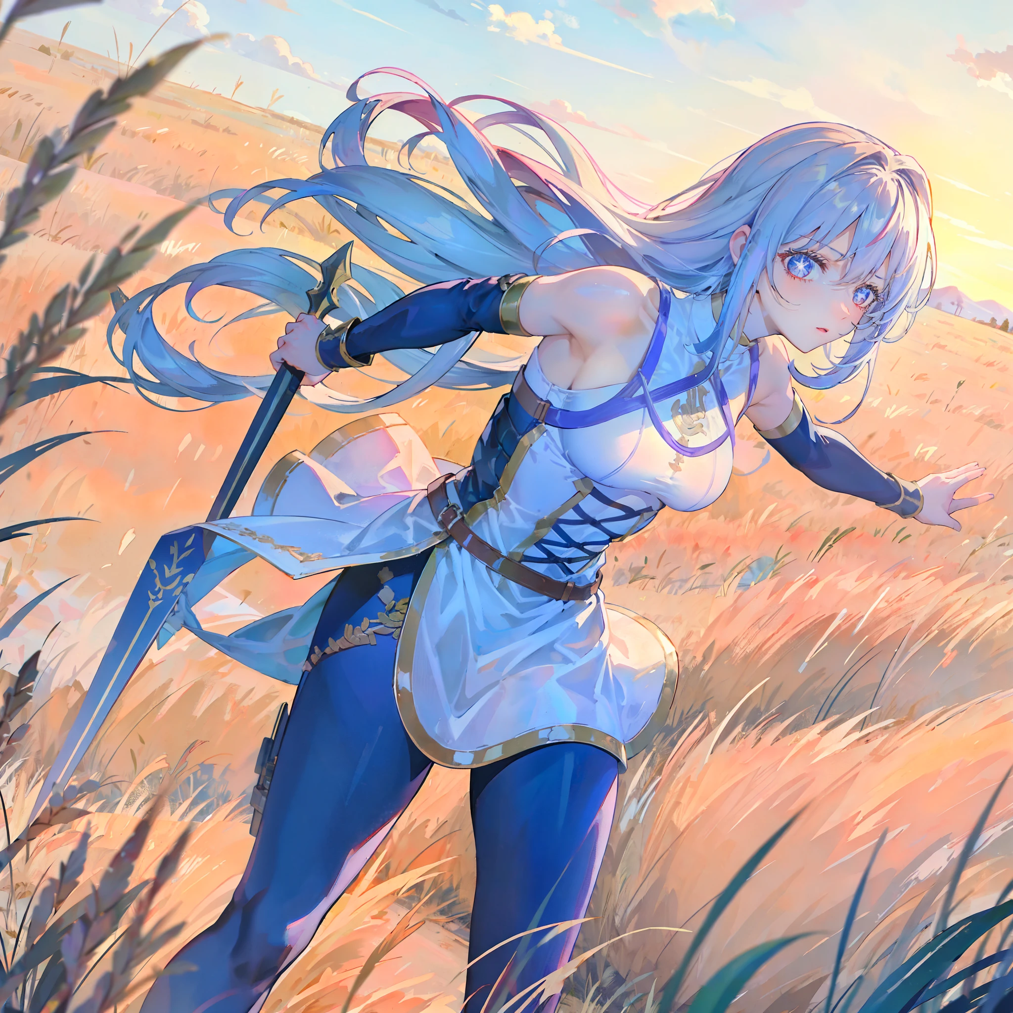 Una guerrera  corriendo con los brazos extendidos y una espada en cada mano. Run quickly through a field of grain.. Tiene el pelo largo y suelto, Lleva armadura de cuero grueso y madera.