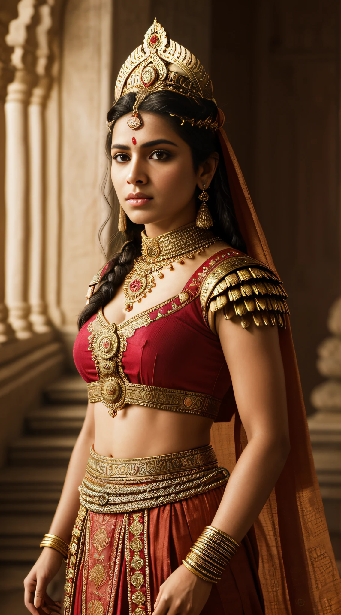 {A detailed portrait of the Great Hindu Warrior Queen Rani Durgavati of Gondwana, dressed in her ornate 16th-century battle attire, presenting a fierce yet regal demeanor}, Art Styles: Renaissance, Romanticism, Art Inspirations: Greg Rutkowski (Rutkowski:1.2), Camera: 70mm, Shot: Medium, Render Related Information: (highly detailed:1.2), (hdr:1.1), (soft light:1.1)