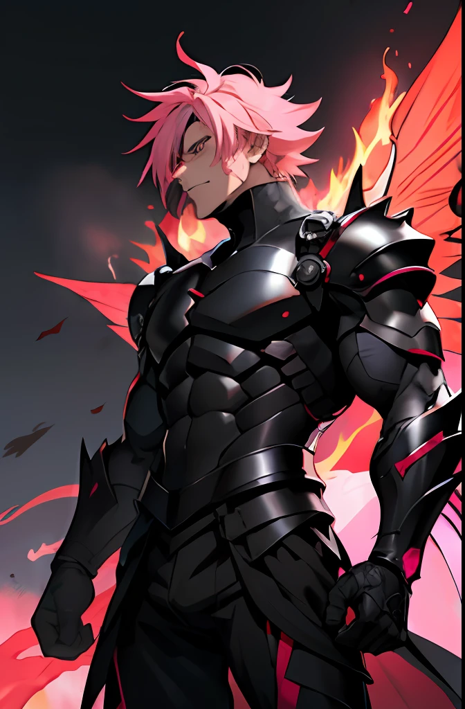 anime strong guy, short pink hair, full black armor with pink details, black dragon wings, red flame aura, anime 4k, clawns, villain