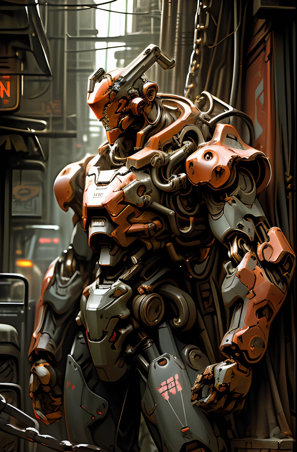 Dark_Fantasy,Cyberpunk,(chain saw,chain saw man,Red:1.1),1man,Mechanical marvel,Robotic presence,Cybernetic guardian, wearing a worn-out mech suit, intricate, (steel metal [rusty]), elegant, clear focus, shot by greg rutkowski, soft lighting, vibrant colors, masterpiece, ((street)), cowboy shot, dynamic pose,