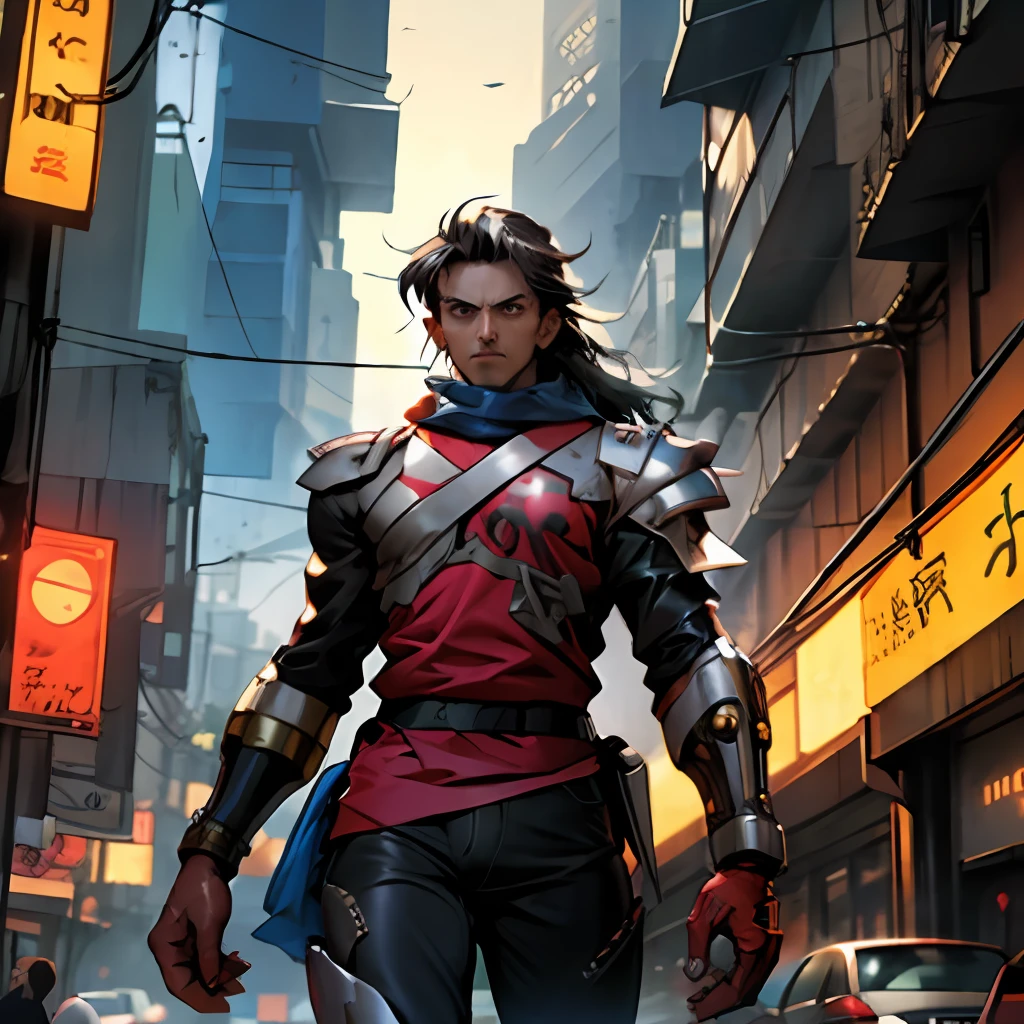 Um homem de 20 anos, cabelo curto, cor de pele parda, cyberpunk, foto de corpo completo.