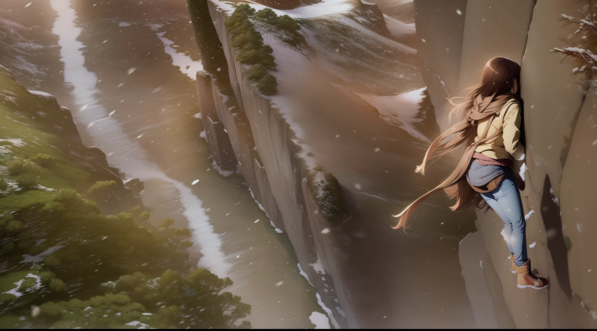 a girl with long hair, climbing a large slope, on a snowy mountain. anime style.