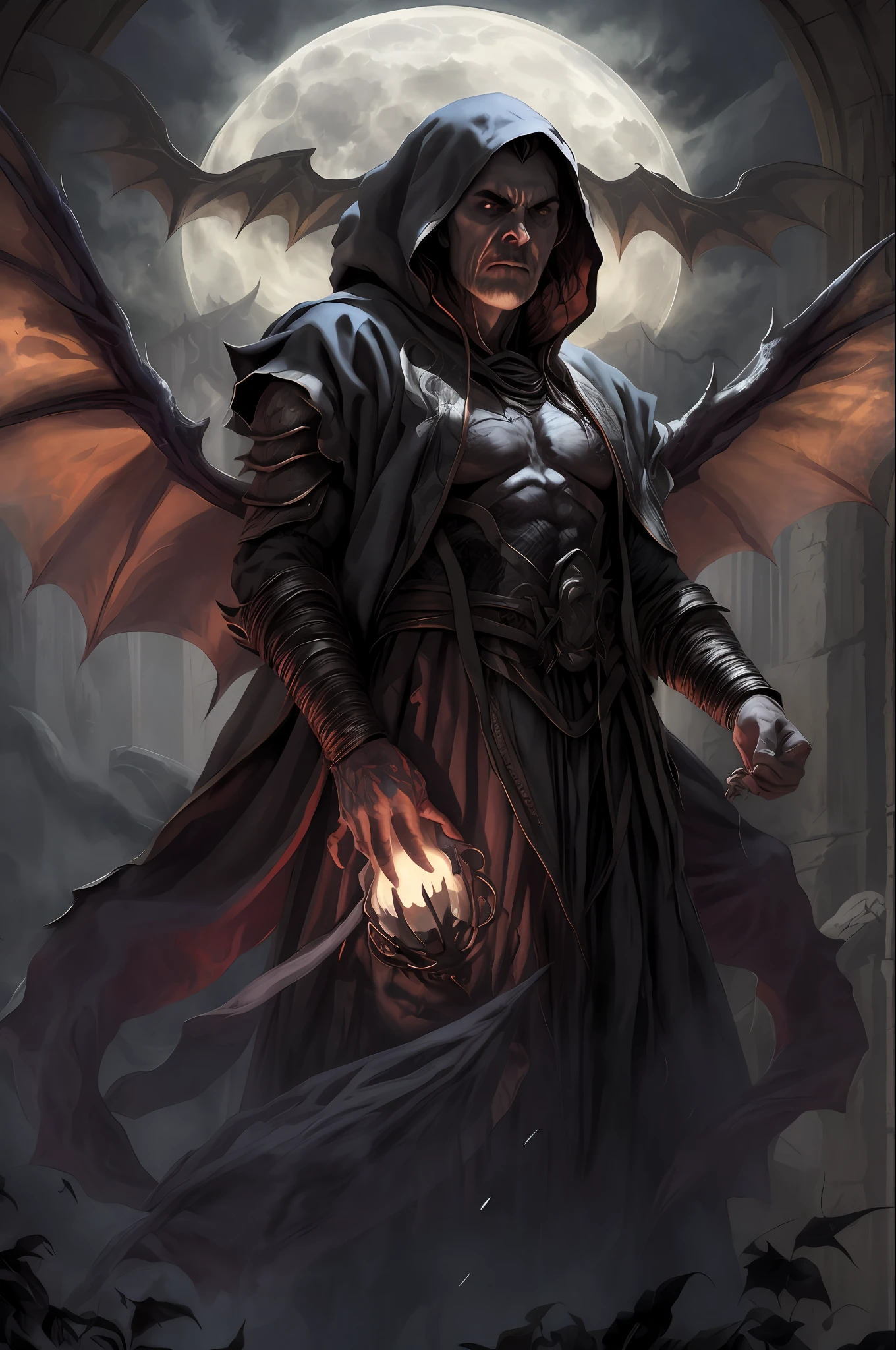 High Lord of Necromancers, The supreme vampire stands near a huge window and looks into the distance, on the full moon, You can see concentration on his face, A hoodie is thrown over a thin muscular body, Around the darkness and darkness in the sky in the distance you can see the ghostly wings of a bone dragon