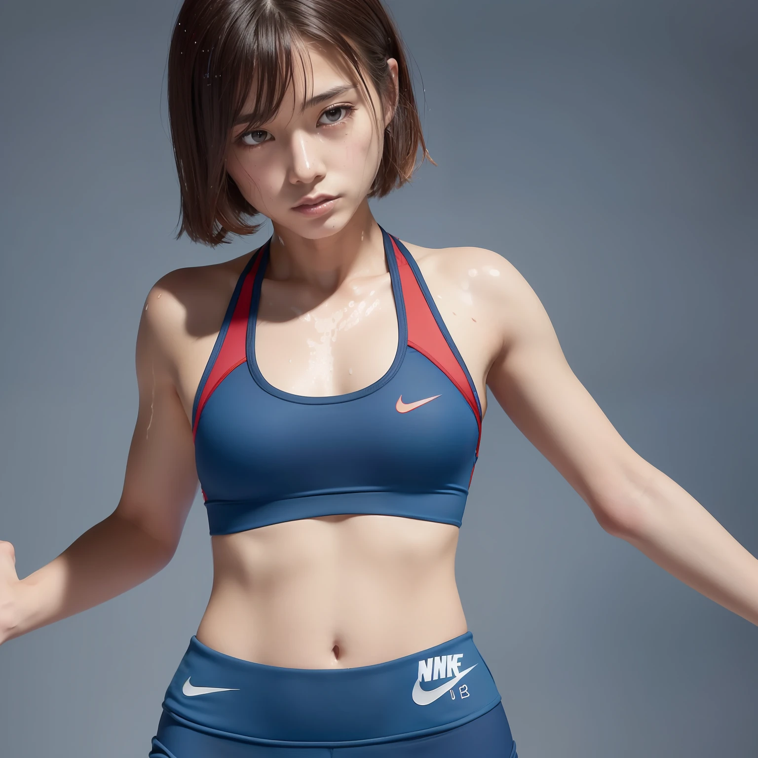 (solo), (a detailed full body RAW photo of a girl), (masterpiece:1.0), (hip forcus:1.2), (Crotch streaks and sweat stains), (best quality:1.4), (ultra highres:1.2), (photorealistic:1.4), 8k resolution, Canon EOS R5, 50mm, absurdres, ultra detailed, (a detailed full body RAW photo of a girl), (masterpiece:1.0), (best quality:1.4), (ultra highres:1.2), (photorealistic:1.4), 8k resolution, Canon EOS R5, 50mm, absurdres, ultra detailed, (cheerful 25year old), japanese athlete sharp focus, cinematic lighting, detailed beautiful face, (no make up:1.2), (ulzzang-6500-v1.1), petite figure, detailed skin texture, flat chest, (skinny and fit body:1.6), thigh gap, detailed brown hair, sweltering,(very short hair:1.5), smiling face, very thin see-through wear, (very small and simple and brihit red and blue nike competition athletic wear:1.5), low rise, (Crotch streaks and stains), ( protrusion on sports bra:1.5), realistic glistening skin, (sweating:1.45), detailed nipplere, (satomi ishihara:0.8),