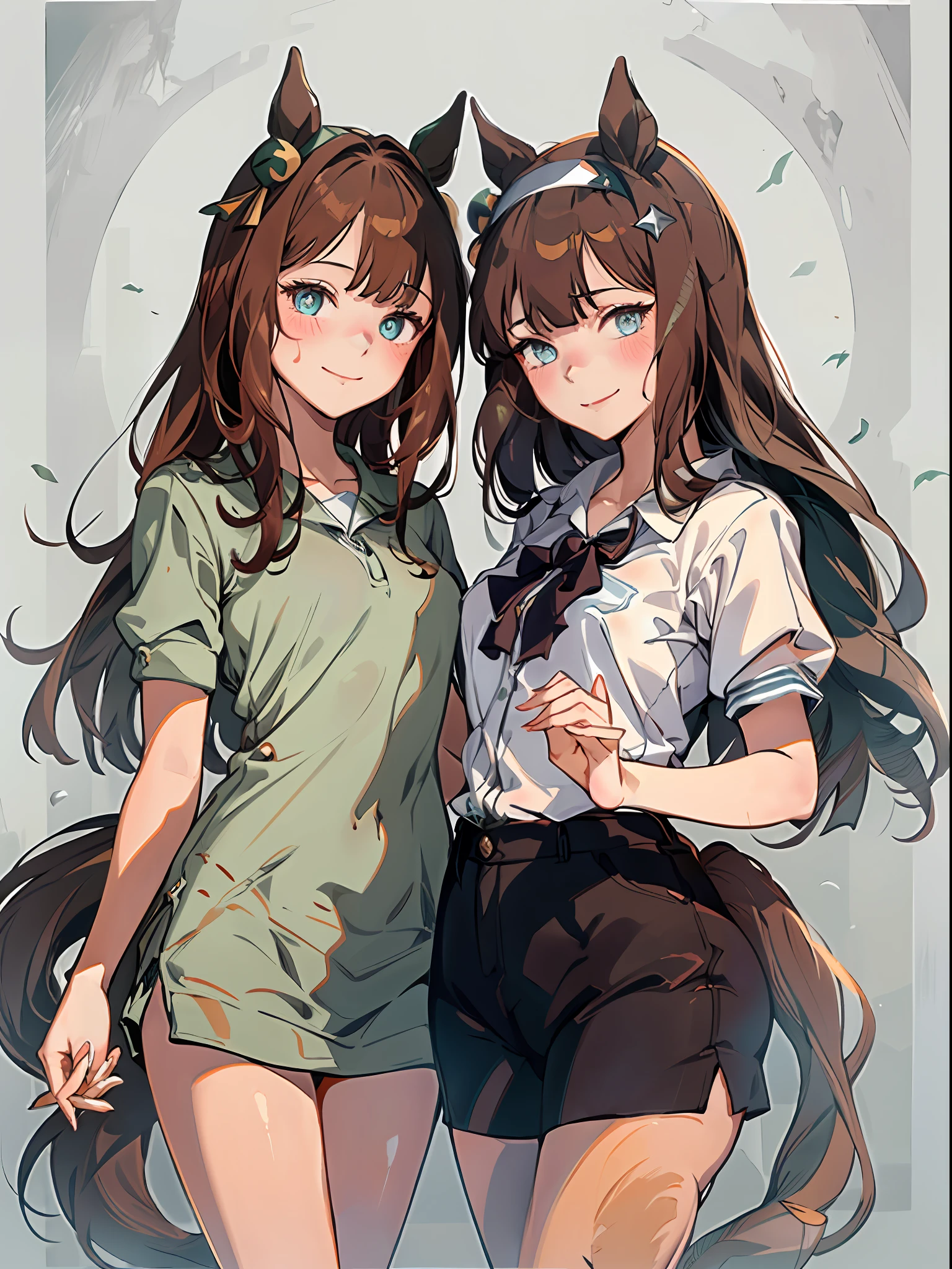 topquality, Horse Girl, Quiet Suzuka, ((Uma Musume))), Perfect skin, realisic skin, Detail Skin, 8K, (((2 girls:1.4))) (tail on the lower back), Two girls standing side by side, Holding hands , ssmile, laughter, Rest your hand, (There are two girls in the frame), Perfect body study, High-quality legs, Girls have different appearances