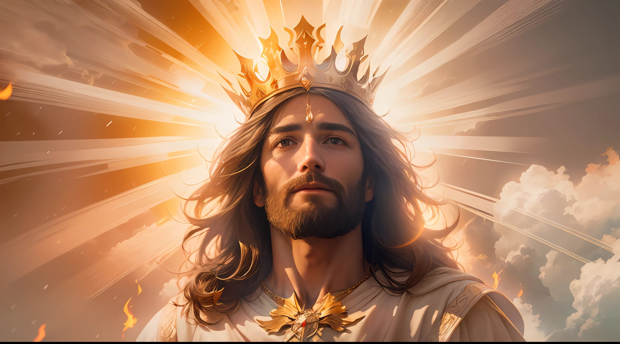 Jesus second coming in the heavens, face like the midday sun, crown, a tunic and a golden breastplate, hair as white as snow, eyes as flames of fire, feet as refined bronze in the furnace, light smile, Surrealism, backlighting, cinematic lighting, high quality, high details, best quality