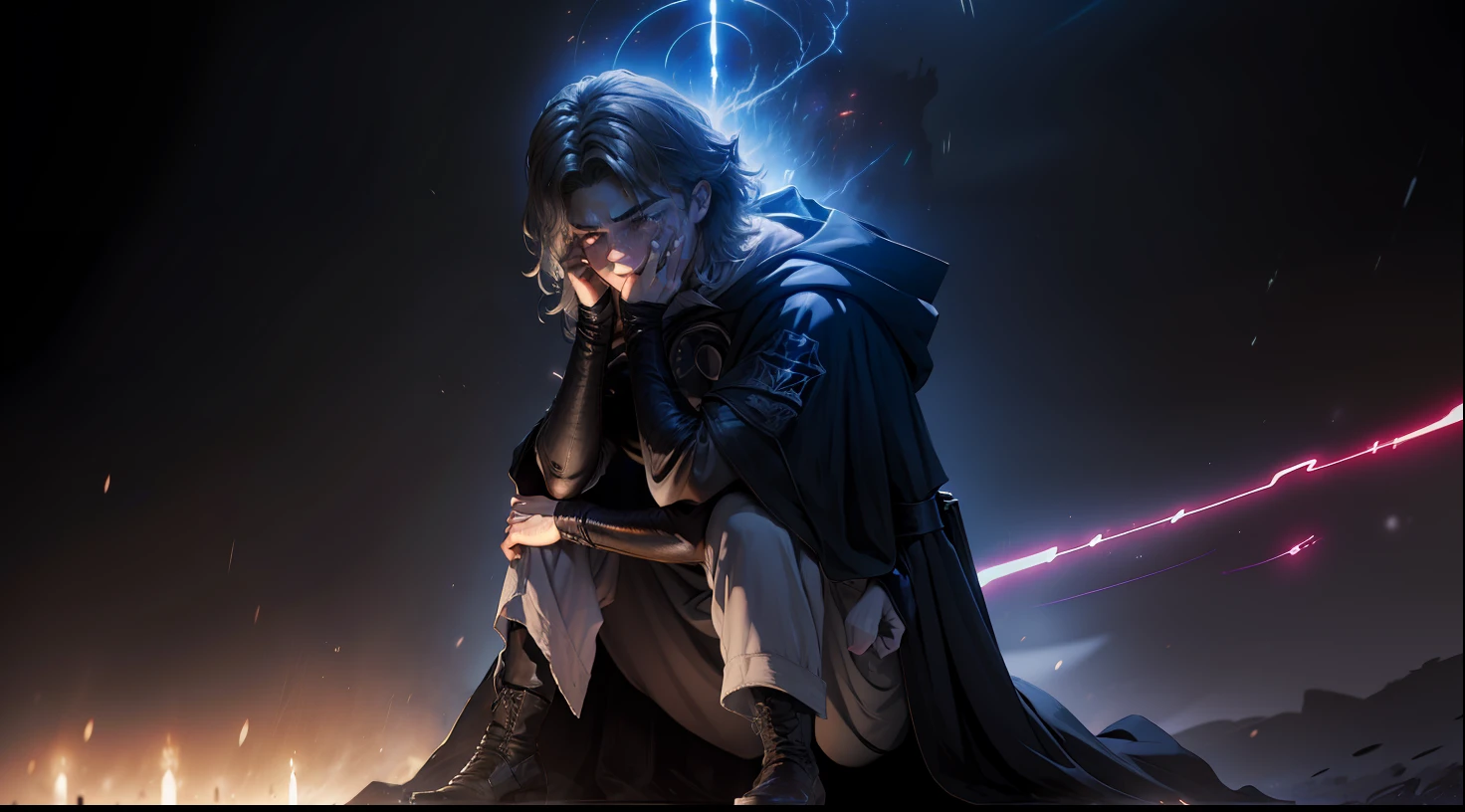 Anakin Skywalker, Sith, Tempos Sith, Anakin Skywalker como Sith do mal, Villanious, FALLEN ANGEL, Gray alien, alien, FALLEN ANGEL, Cara bonito na foto de Demon Slayer, Anakin Skywalker, sitting with his hands on his face crying a lot, godrays obscuro, cosmic sky