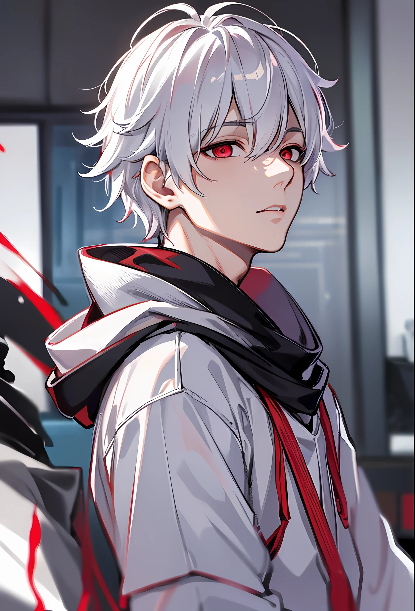 beste-Qualit, More Details, tmasterpiece, 1boy, kaneki ken, portraite of a, male focus, red-eyes, 独奏, combed hair back, looks at the viewer, hood, Short Hair Hair, Sateen, Tokyo Tokyo \(The city\), hood up, nail polishing, white colored hair, luxurious, 8K, Detailed, ray traced, Depth of field, 电影灯光,