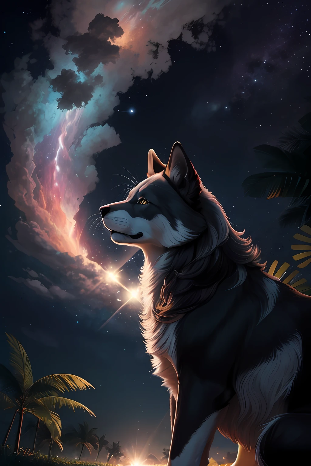 lion dog sitting on the ground looking up at the sky, arte peluda muito bonita, arte fursona, arte de fantasia peluda, Arte digital detalhada em 4k, Arte digital altamente detalhada em 4k, no universo.altamente realista, realistic fantasy illustration, Commission for High Res, arte digital detalhada bonito, Arte peluda, Husky em armadura brilhante, look into the distance