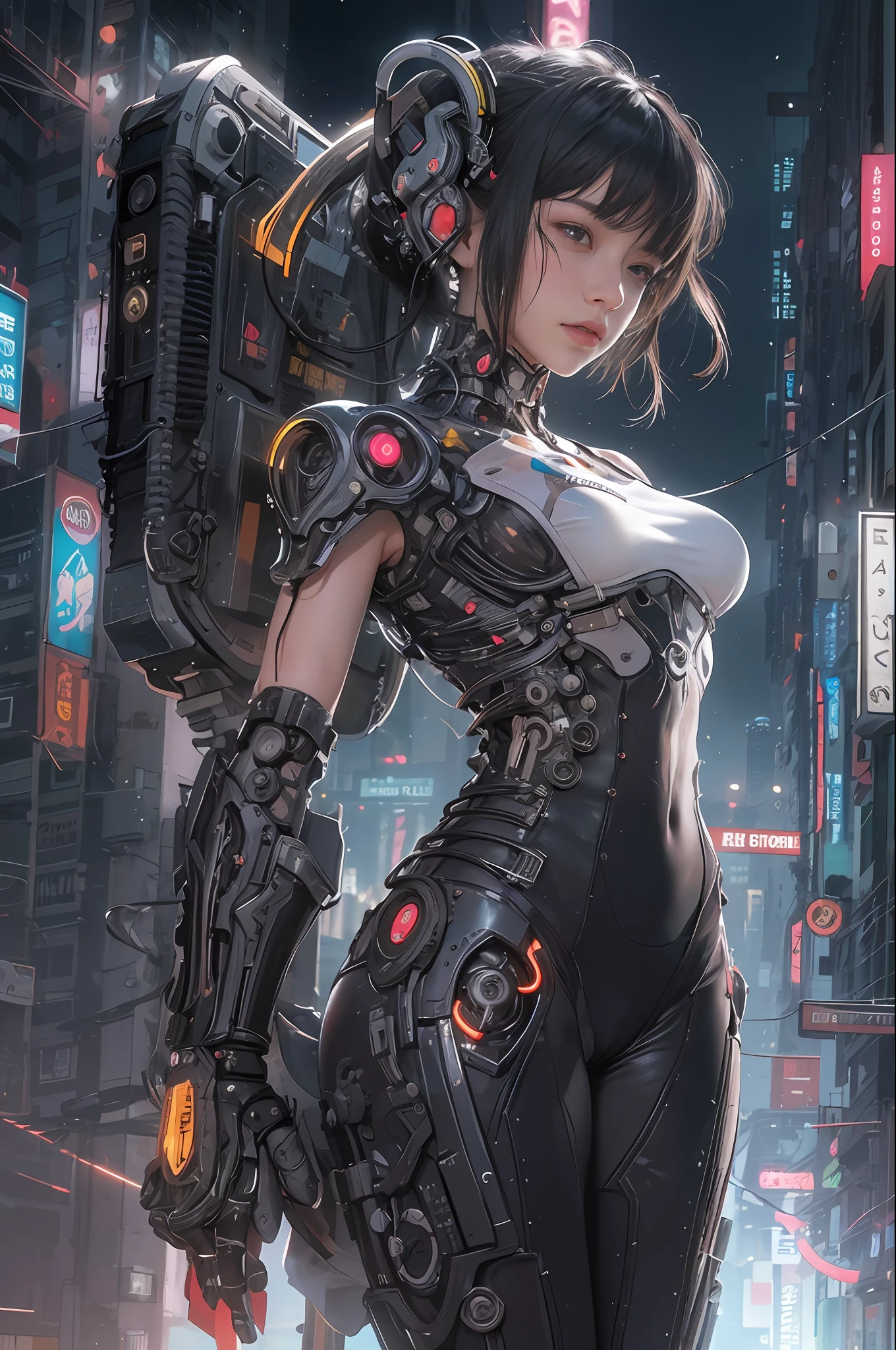 Top Quality, Masterpiece, Ultra High Resolution, ((Photorealistic: 1.4), Raw Photo, 1 cyberpunk Girl, Black Hair, Glossy Skin, 1 Mechanical Girl, (Ultra Realistic Details)), global lighting, deep shadows, Octane Rendering, 8K, Ultra Sharp, Metal, Intricate Ornament Details, Egyptian Details, Very intricate details, realistic light, CGSoation trend, facing the camera, neon details, mechanical limbs, tubes connected to the mechanical parts, mechanical vertebrae attached to the back, mechanical cervical attachment to the neck, wires and cables connecting to the head, evangelion, small glowing LED lamps, (dazzling Cyberpunk city streets in background).