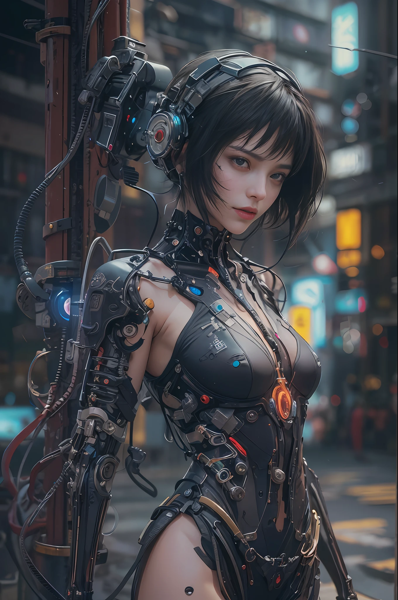 Top Quality, Masterpiece, Ultra High Resolution, ((Photorealistic: 1.4), Raw Photo, 1 cyberpunk Girl, Black Hair, Glossy Skin, 1 Mechanical Girl, (Ultra Realistic Details)), global lighting, deep shadows, Octane Rendering, 8K, Ultra Sharp, Metal, Intricate Ornament Details, Egyptian Details, Very intricate details, realistic light, CGSoation trend, facing the camera, neon details, mechanical limbs, tubes connected to the mechanical parts, mechanical vertebrae attached to the back, mechanical cervical attachment to the neck, wires and cables connecting to the head, evangelion, small glowing LED lamps, (dazzling Cyberpunk city streets in background).