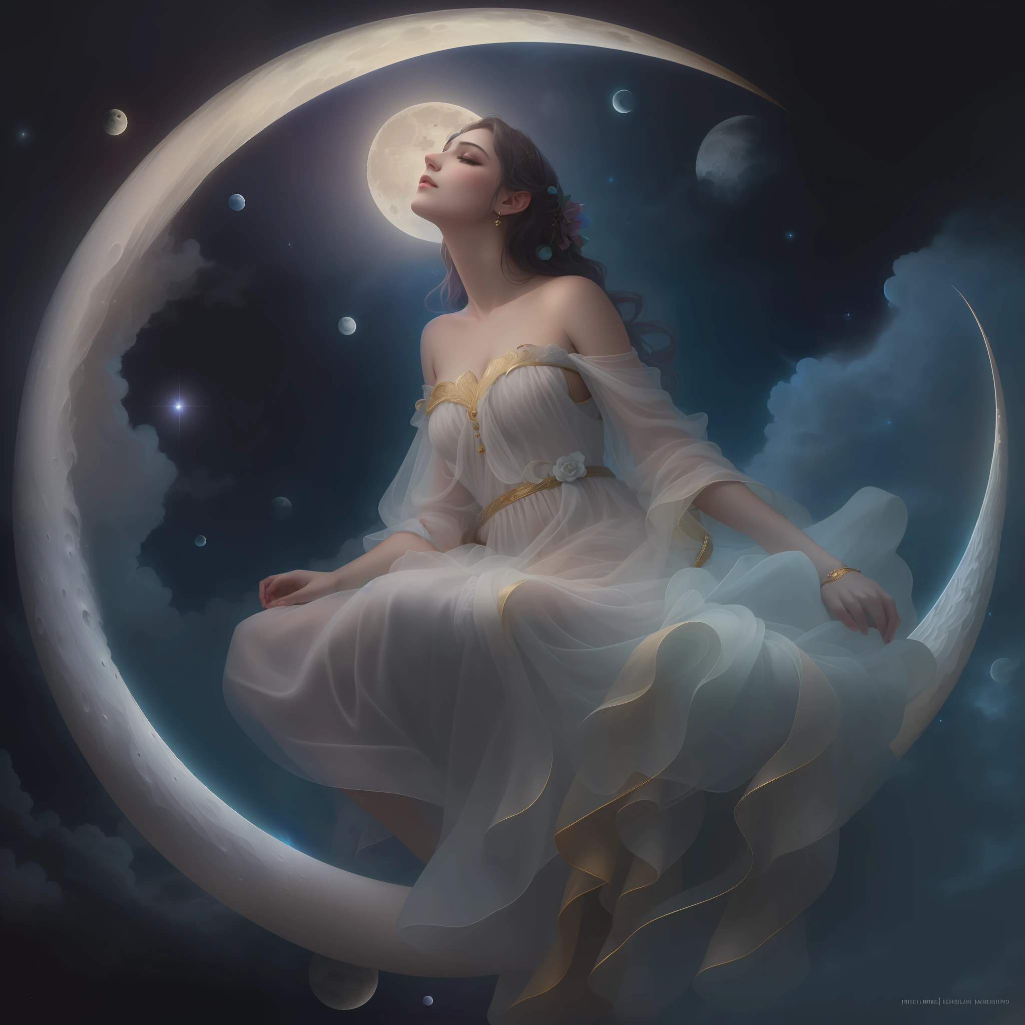 There is a closet up (((beautiful woman lying on a crescent))). On a night with shooting stars. Magical Fairy floating in the firmament and space, Goddess of Dream, High Quality Fantasy Stock Photo, Moon Goddess, Moon Goddess, Sitting on a moon, Heavenly Goddess, Lunar Goddess, on the moon, ethereal fantasy, fantasy photography, Fantasy photoshoot, Elven angel meditating in space, moon._james jean, figura femenina flotante hecha de cintas, humo, en el cielo, colorido y vibrante, mystical colors, contemporary impressionism, pintura de retrato yanjun cheng, pintura iridiscente, vista en perspectiva 3/4, cara linda, Angle low, sweeping circling composition, grandes ojos de cristal hermosos, grandes iris, UHD, HDR, 8K, (Obra maestra: 1. 5), (The most beautiful portrait in the world: 1.5)