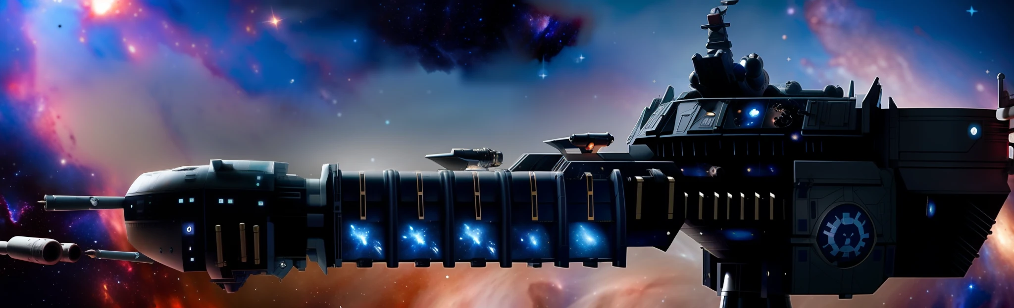 Um close up de uma nave espacial de batalha robusta bruta, Her are huge, equipped with cannons, It is in space near a nebula, in the nebula has several debris, ela tem uma torre em cima, altos detalhes, Ultra realista, 8k intrigado