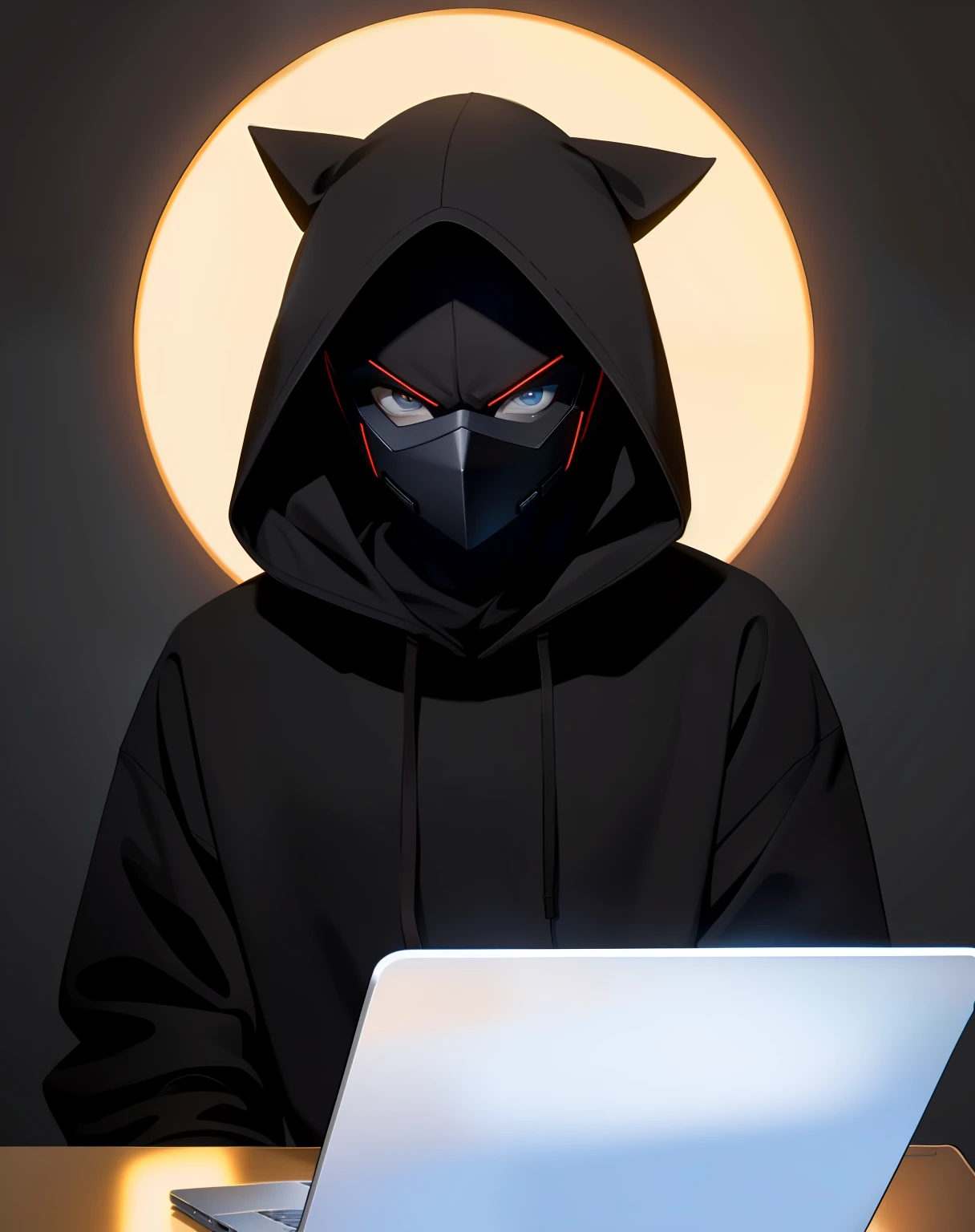 A cartoon man wearing a hoodie and a mask, dark theme, looking to the camera, laptop