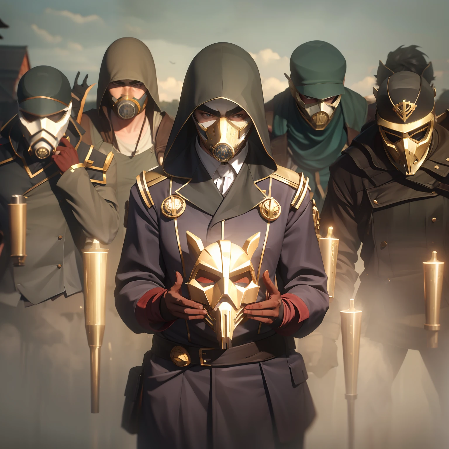 "A photo of a group of men with mask and cap behind