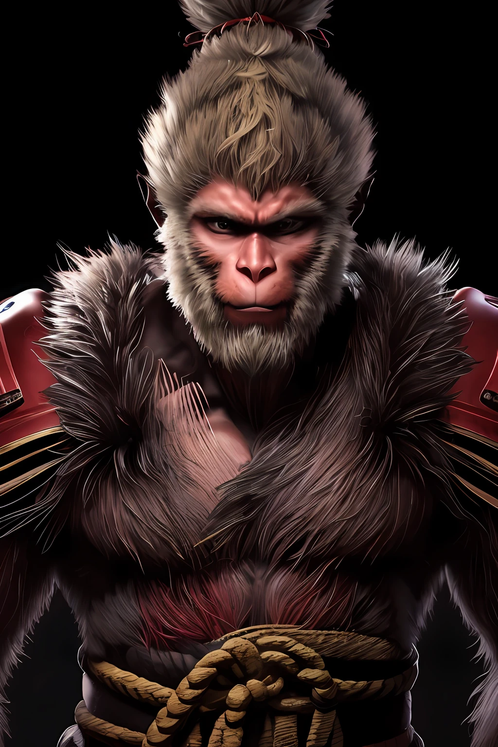 wukong \(mito negro\),
1menino, solo, foco masculino, olhos detalhados, rosto sombreado,
peito de pele, armadura, roupas vermelha, pauldrons, capoeira,
motor unreal, 8k, super detalhe,