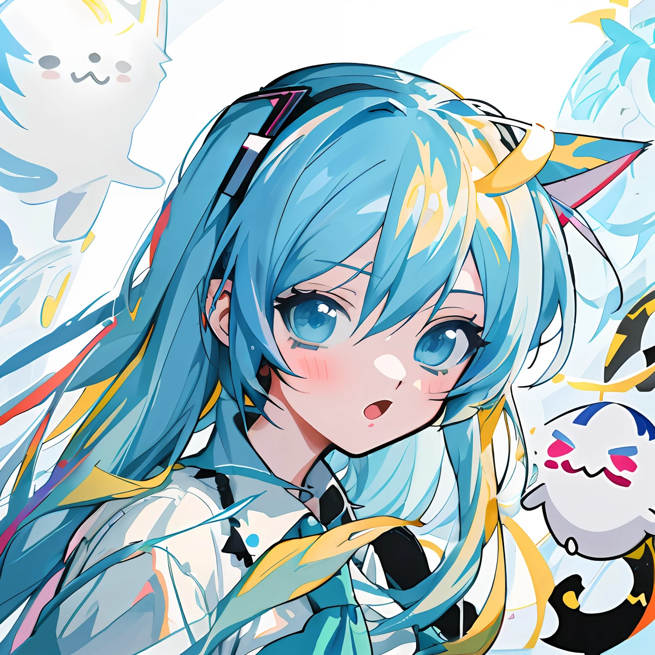 blue hairs,Anime girl with cat ears and white shirt, style of anime4 K, vocaloid, mikudayo, sportrait, anime moe art style, nightcore, Anime art wallpaper 4 K, Anime art wallpaper 4K, Anime style. 8K, Anime art wallpaper 8 K, Anime! 4K