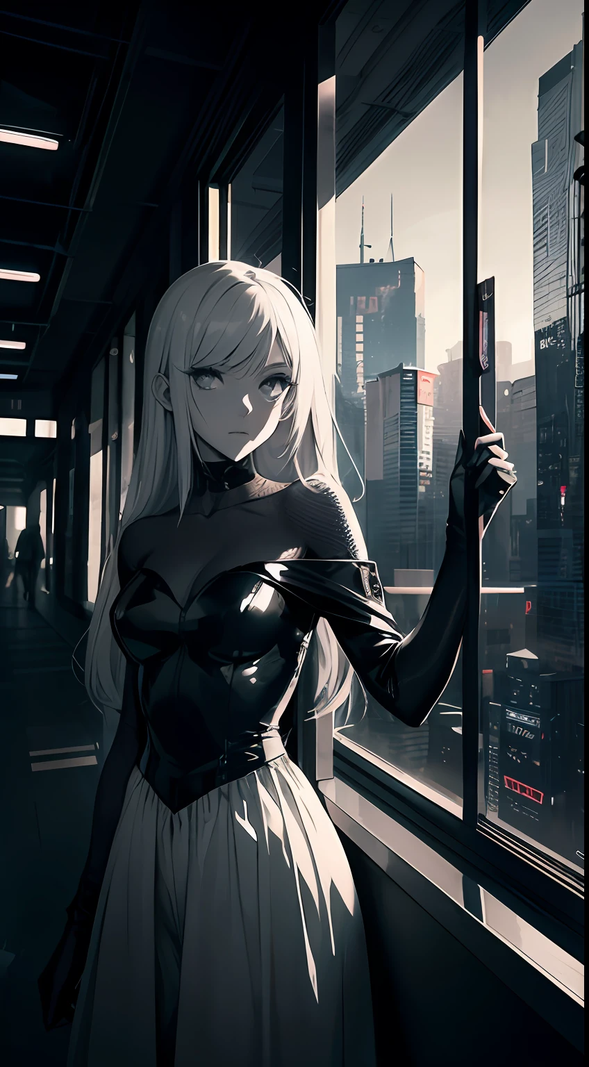Alien creature dress made of metal and glass, in the style of cyberpunk manga, High-contrast shots, 8K resolution, Neo - Renaissance, contrasting light and dark tones, The sinister realism of the valley, Dark White – AR 9:16 —s 1000 —v 5.2 —IN 2