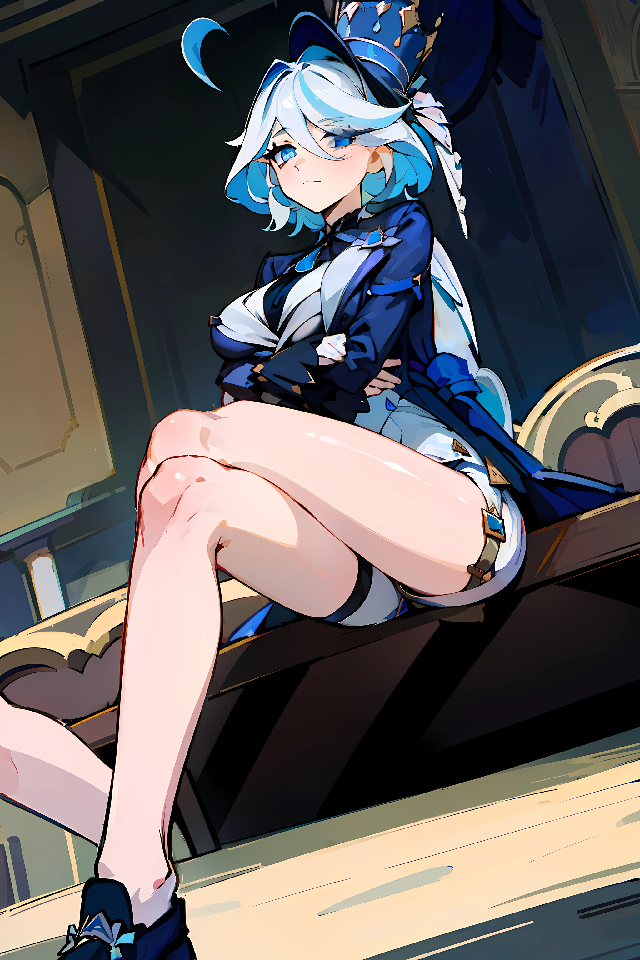 (masterpiece),best quality, expressive eyes, perfect face,w sitting, w sitting on ground, legs on ground, 1girl,
big breast, H-cup, good breast,Focalors, crossing arms