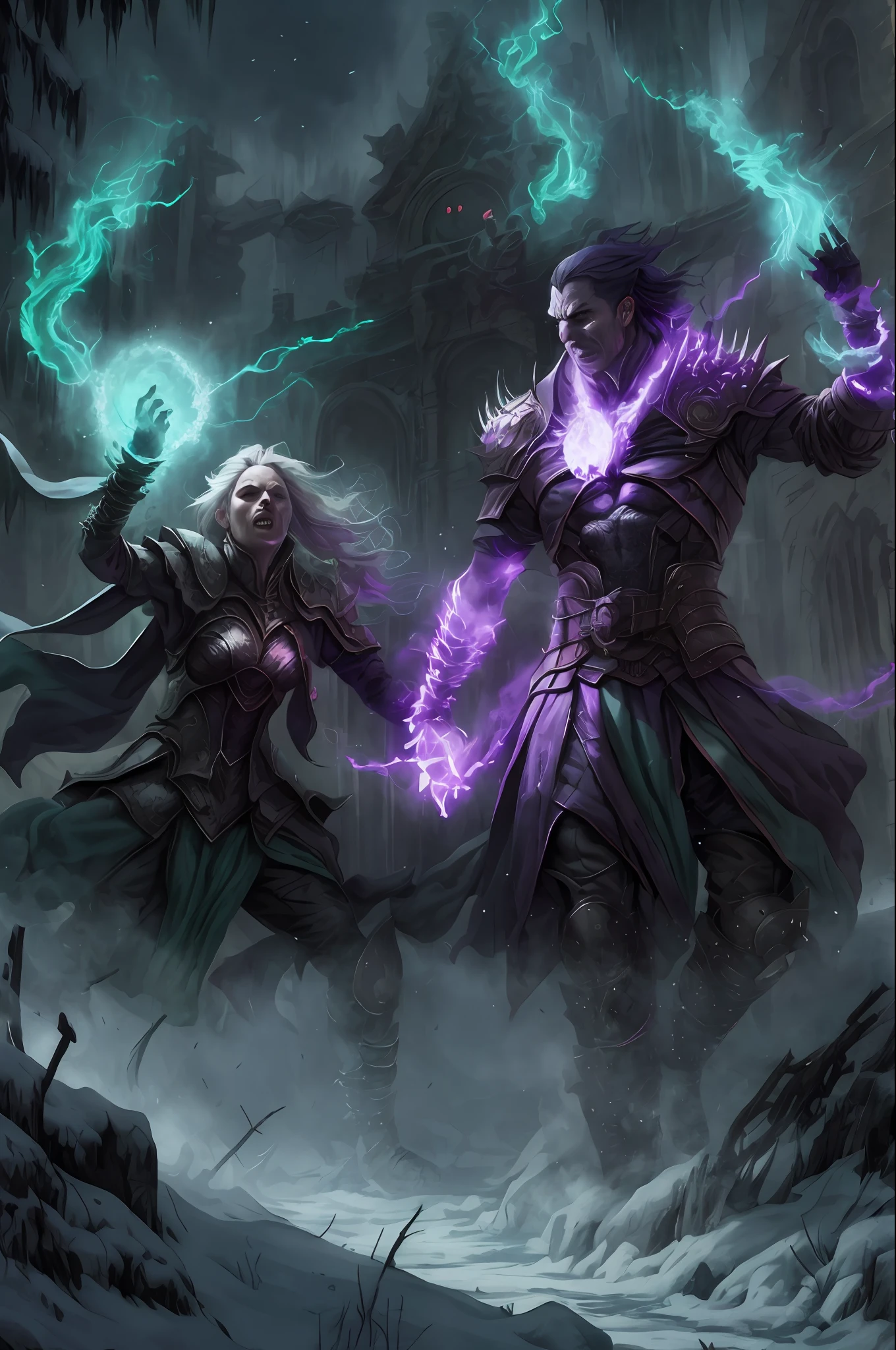 "An epic battle between two necromancers, vampire sorcerers, Ice Fire, Green energy flows, Magical lighting, Unsteady twilight, Bloody outbreaks, Dark background, Mystical atmosphere, amazing detail, Shadow streams, Sinister outlines."