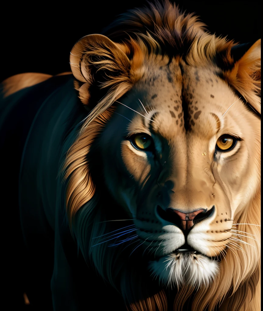 majestic realistic lion with neon blue color dominant and detailed face dark eyes, brown coloured face, (SEMI-SILHOUETTE light:1.1), (raytracing:1.1), (cryengine:1.1), (skin detail:1.1),(photrealistic:1.1)