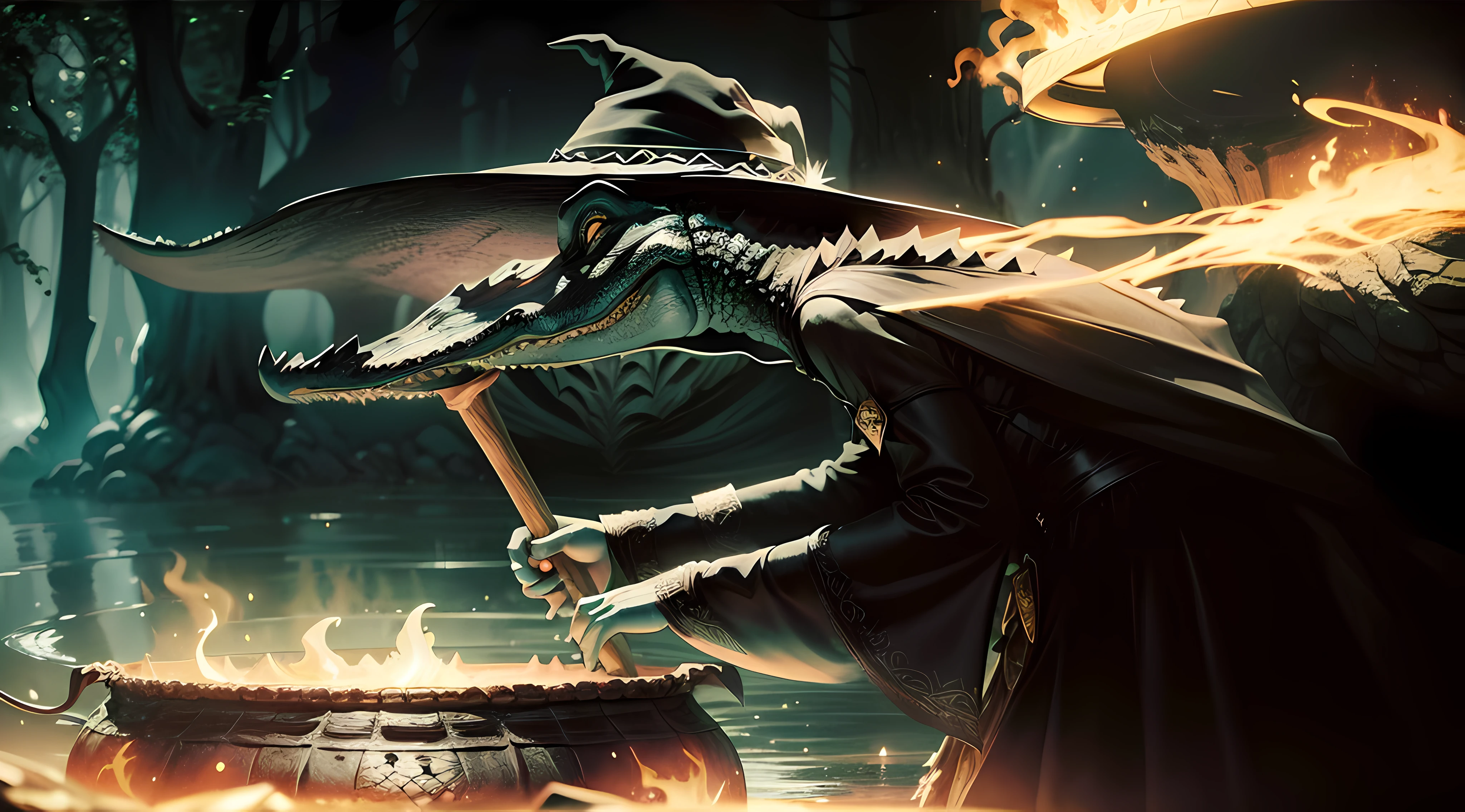 An alligator in a black dress (((with wizard's hat))), com olhos vermelhos, (((Side view))), Stirring in Mage's Cauldron
