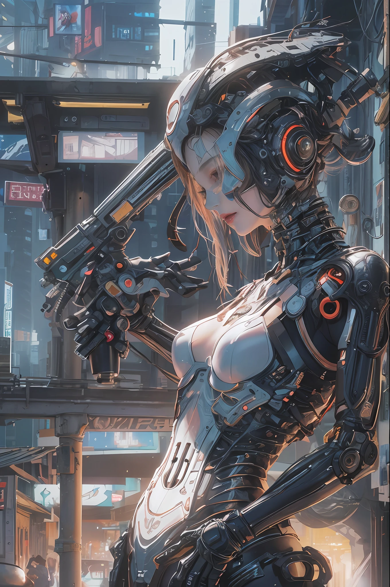 Top Quality, Masterpiece, Ultra High Resolution, ((Photorealistic: 1.4), Raw Photo, 1 cyberpunk Girl, Glossy Skin, 1 Mechanical Girl, (Ultra Realistic Details)), mechanical limbs, tubes connected to the mechanical parts, mechanical vertebrae attached to the back, mechanical cervical attachment to the neck, wires and cables connecting to the head, evangelion, small glowing LED lamps, global lighting, deep shadows, Octane Rendering, 8K, Ultra Sharp, Metal, Intricate Ornament Details, baroque details, Very intricate details, realistic light, CGSoation trend, facing the camera, neon details, (dazzling Cyberpunk city streets in background).
