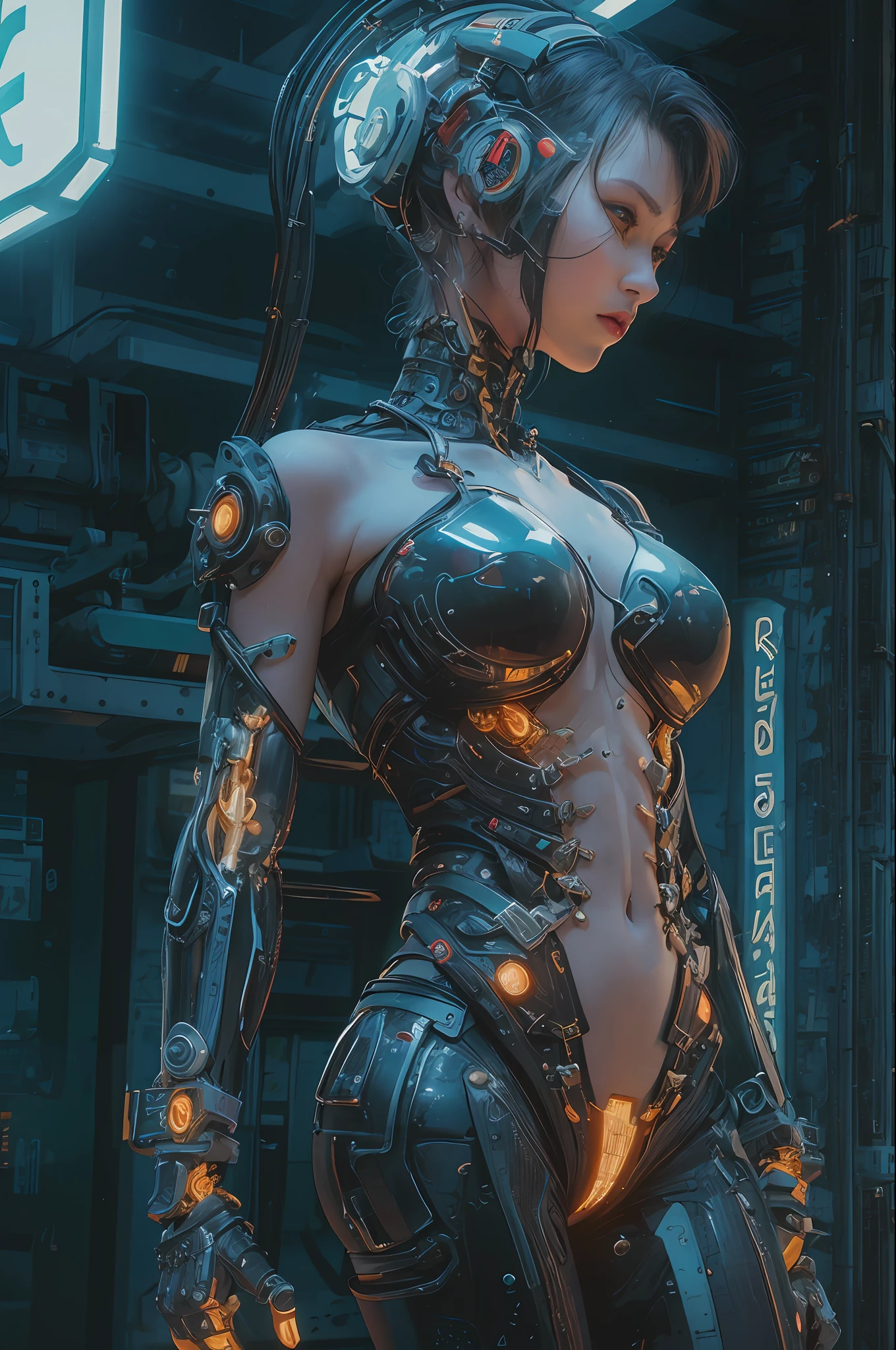 Top Quality, Masterpiece, Ultra High Resolution, ((Photorealistic: 1.4), Raw Photo, 1 cyberpunk Girl, Glossy Skin, 1 Mechanical Girl, (Ultra Realistic Details)), mechanical limbs, tubes connected to the mechanical parts, mechanical vertebrae attached to the back, mechanical cervical attachment to the neck, wires and cables connecting to the head, evangelion, small glowing LED lamps, global lighting, deep shadows, Octane Rendering, 8K, Ultra Sharp, Metal, Intricate Ornament Details, baroque details, Very intricate details, realistic light, CGSoation trend, facing the camera, neon details, (dazzling Cyberpunk city streets in background).
