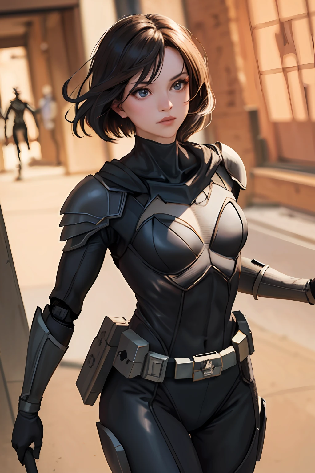 (highres, best quality:1.2), radiance, soft contours, beautiful drawing, cowboy shot, (soft focus:1.5) on the Foreground, (Bokeh-filled Foreground:1.2), Shallow Depth of Field, Delicate Blur, Subtle Transitions, Depth and Atmosphere, masterpiece,ultra realistic,32k,extremely detailed CG unity 8k wallpaper, best quality, (Dutch angle:1.3), (ActionFigureQuiron style), solo, Batman (DC Comics): Batman's sleek black suit, cowl, and combat skills make her a fierce and empowering character to cosplay., box art, action figure box, weapon, no humans, (reference sheet:1.4), power armor, concept art,