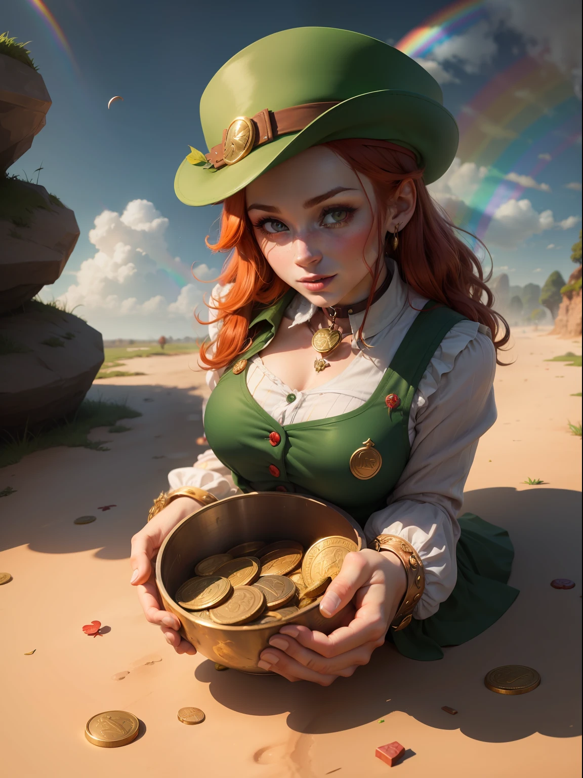 Leprechaum: woman with red beard, rainbow in the sky and gold coins scattered on the ground