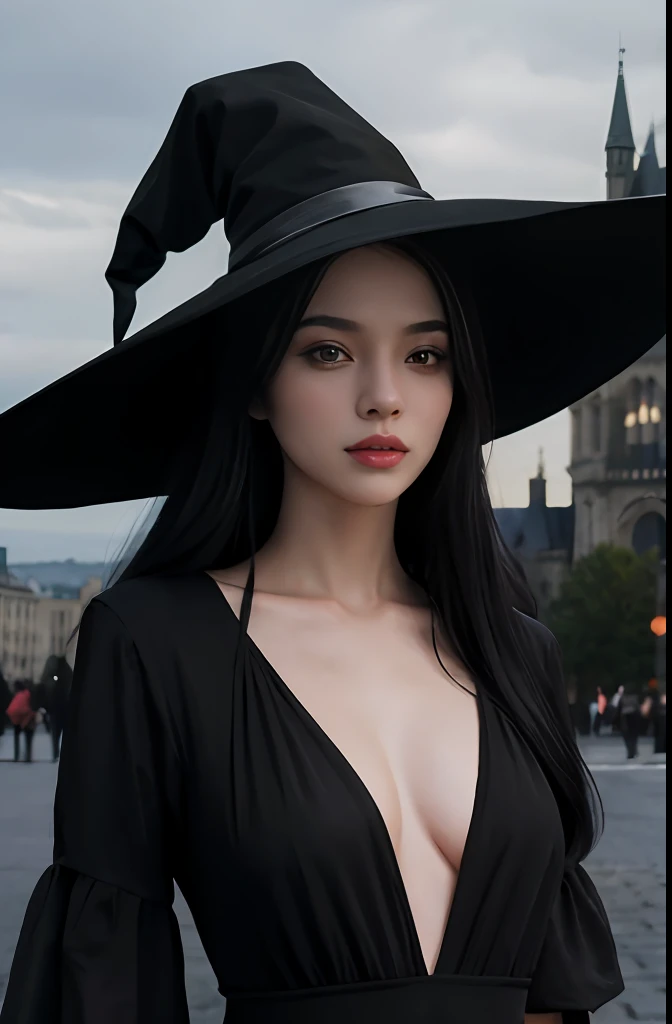 A woman, witch, long straight black hair, black eyes, athletic body, long black dress, castle in the background, masterpiece, high quality, best quality, 4k, well-detailed body, detailed face, witch's hat, camera raw, dark lighting